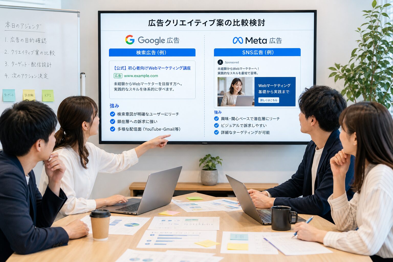 会議室でモニターを見ながら広告クリエイティブをチームで検討している複数のマーケター