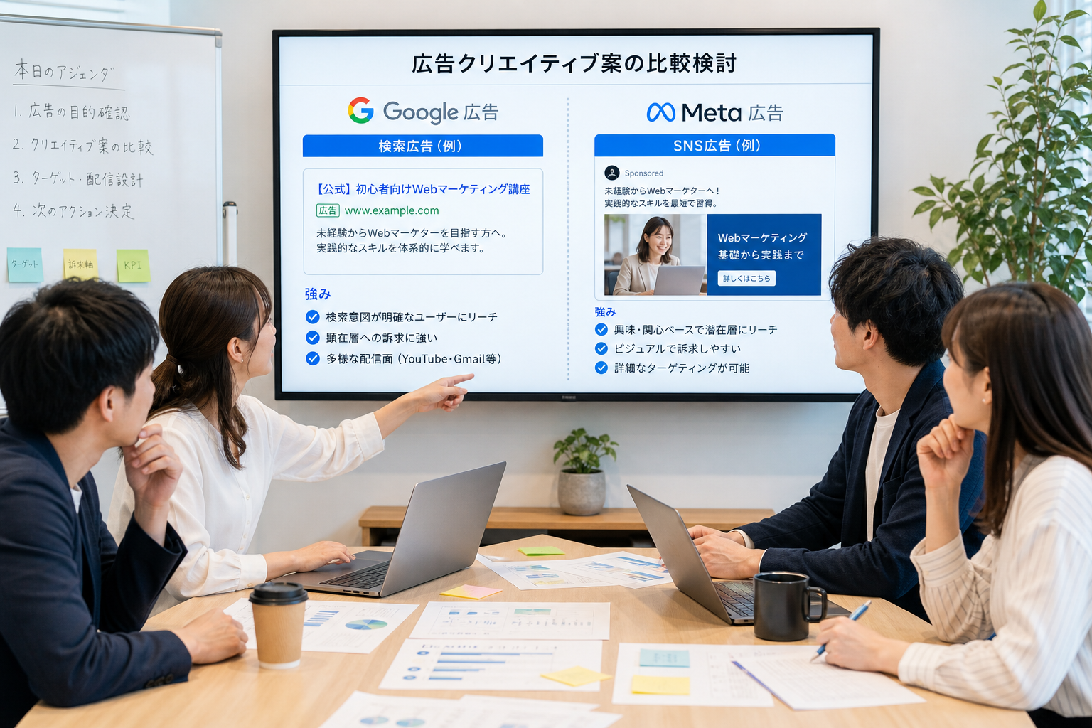 会議室でモニターを見ながら広告クリエイティブをチームで検討している複数のマーケター
