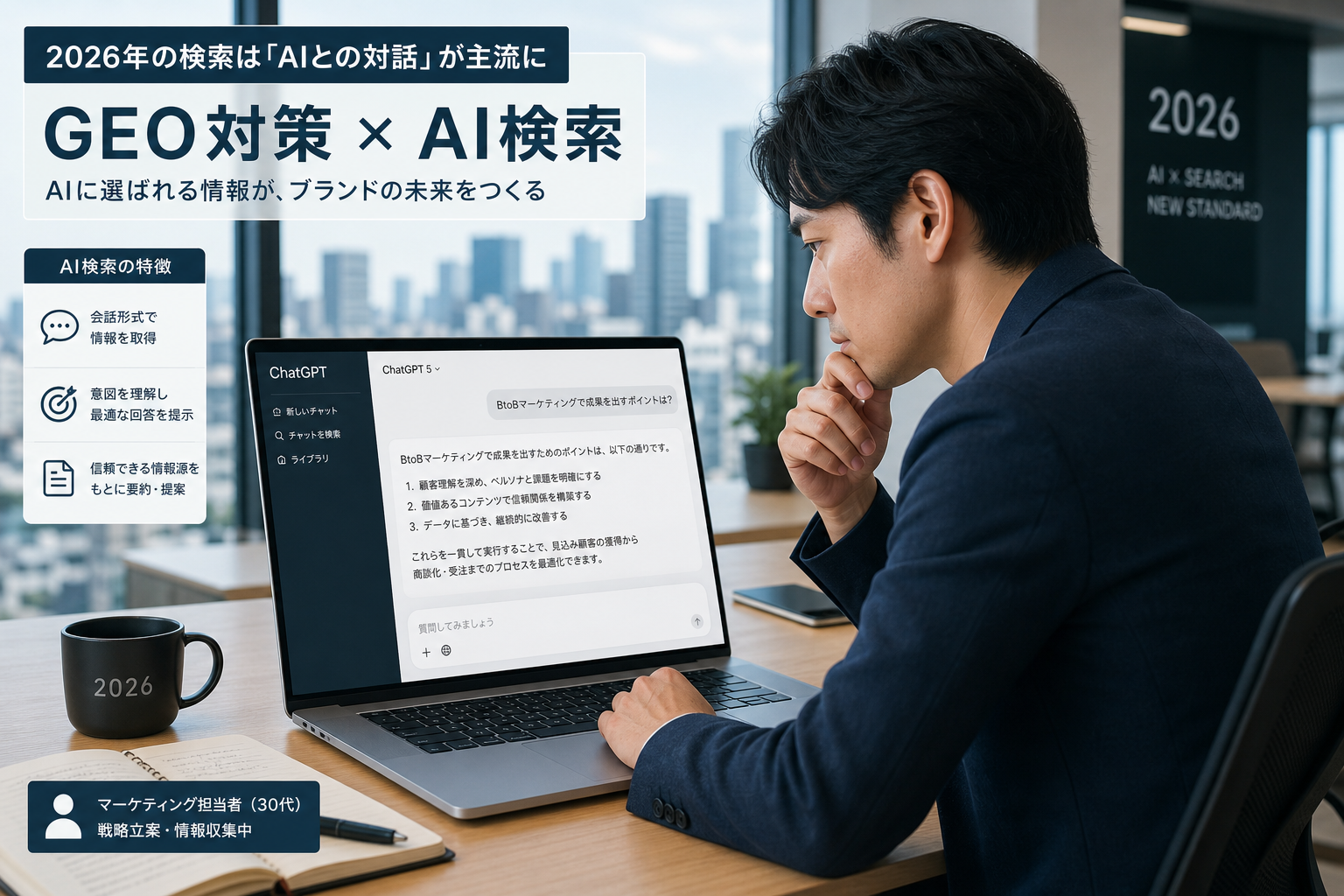 2026年のオフィスでノートパソコンを開き、ChatGPTのような対話型AI検索画面を真剣に見つめる30代の日本人マーケティング担当者