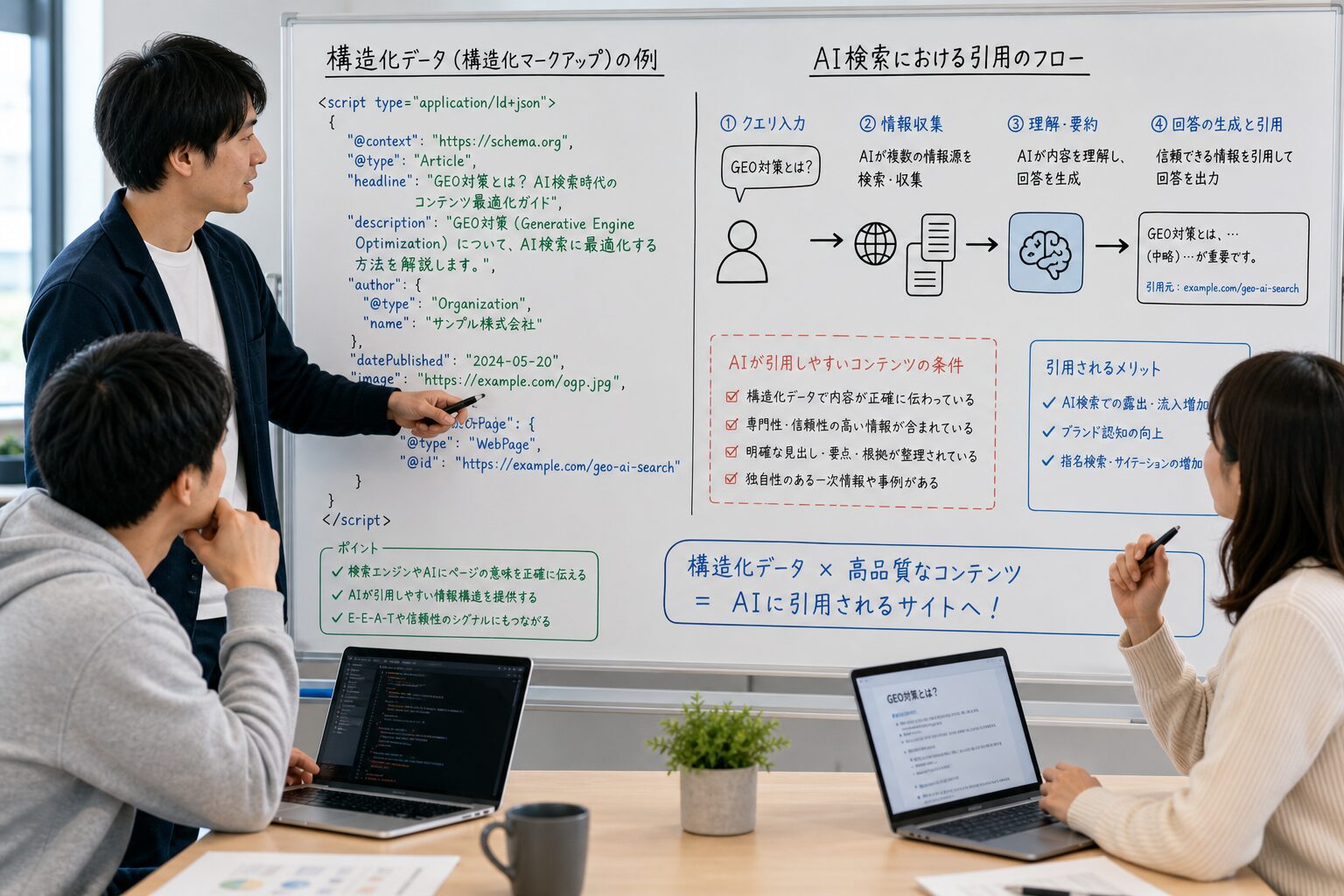 ホワイトボードに構造化データのコードとAI検索の引用フローを書き出し、チームで議論する日本人エンジニアたち