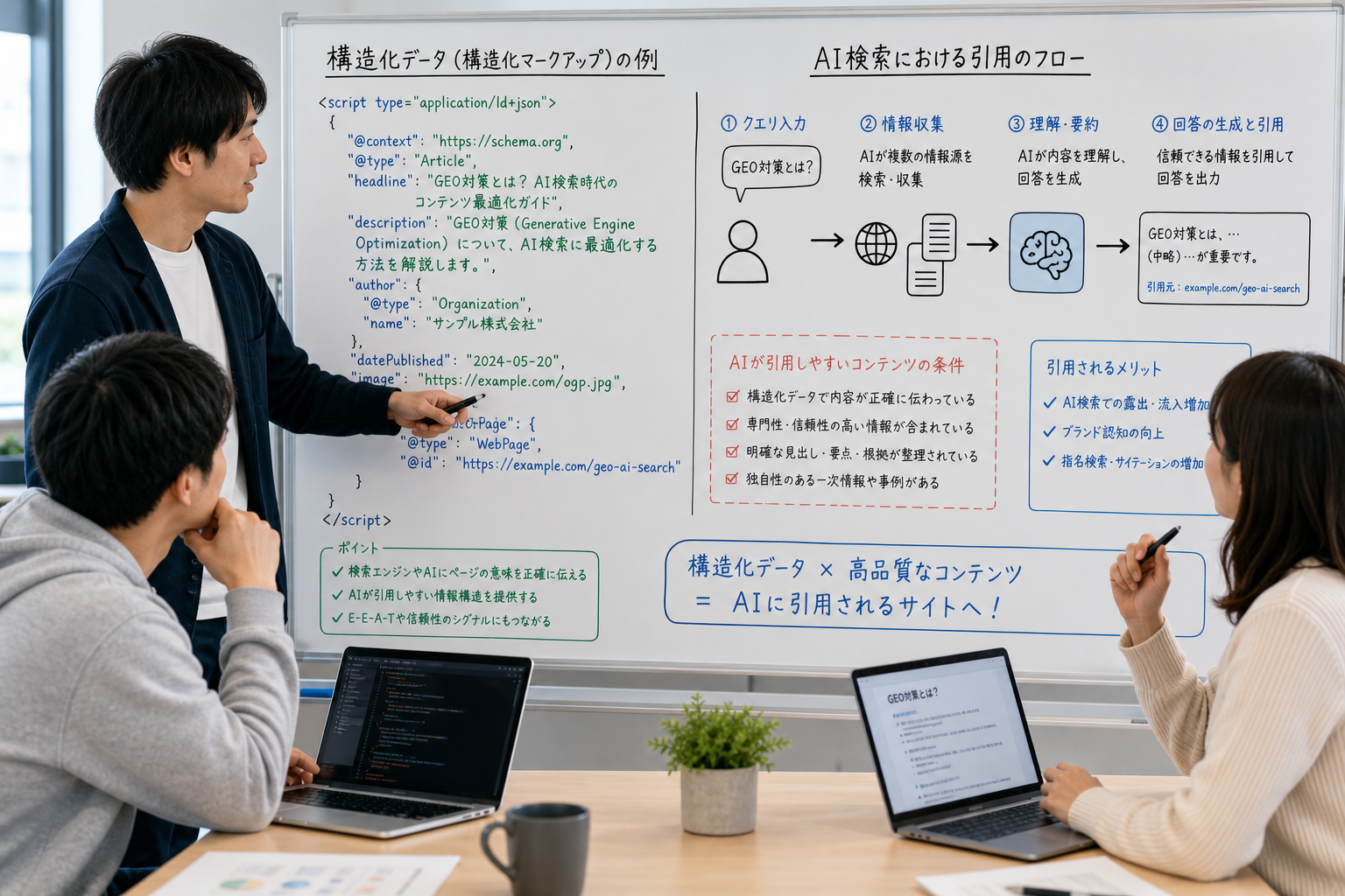ホワイトボードに構造化データのコードとAI検索の引用フローを書き出し、チームで議論する日本人エンジニアたち