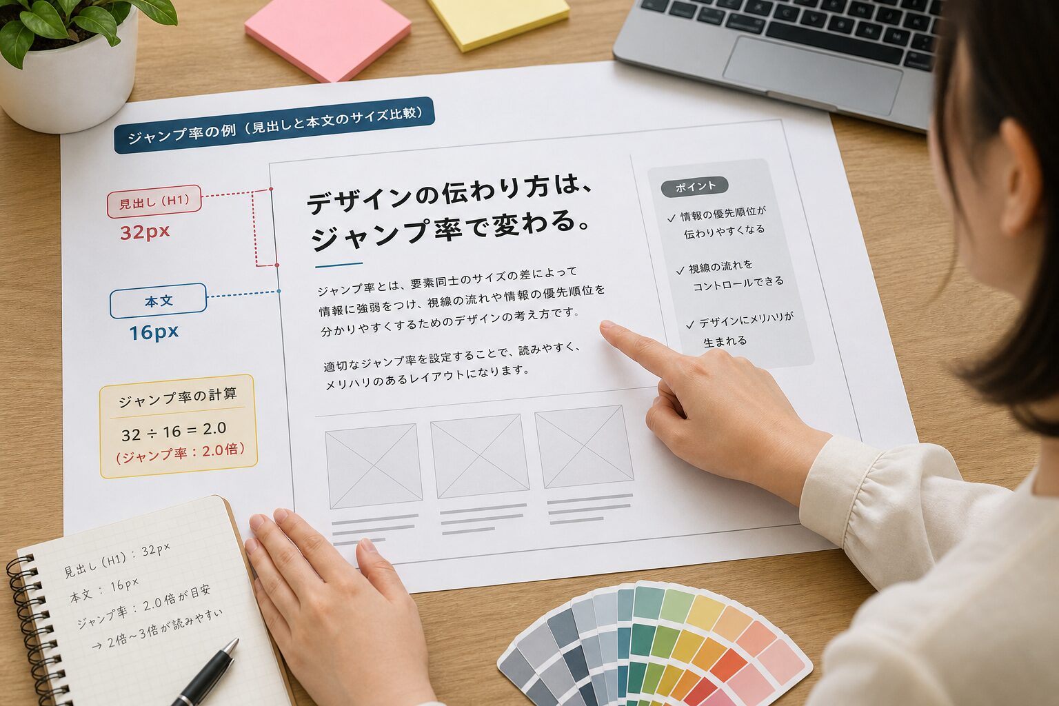 デスクの上でデザインカンプを広げ、見出しと本文のサイズ比較を指差している女性デザイナーの手元
