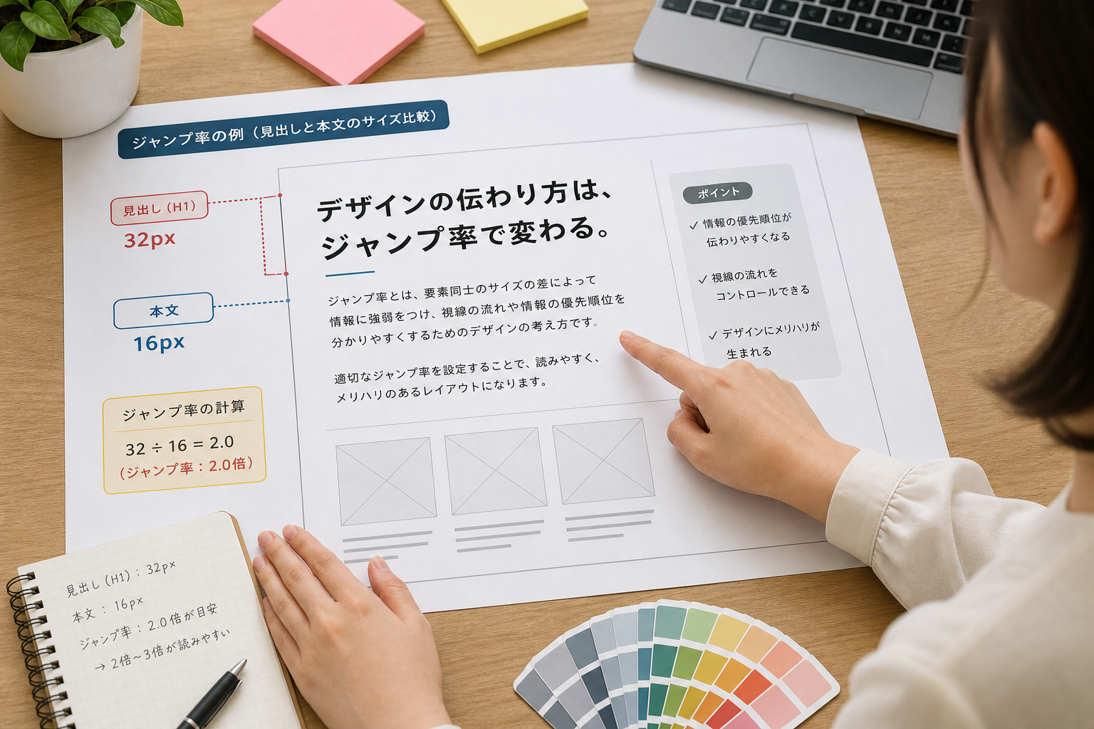 デスクの上でデザインカンプを広げ、見出しと本文のサイズ比較を指差している女性デザイナーの手元