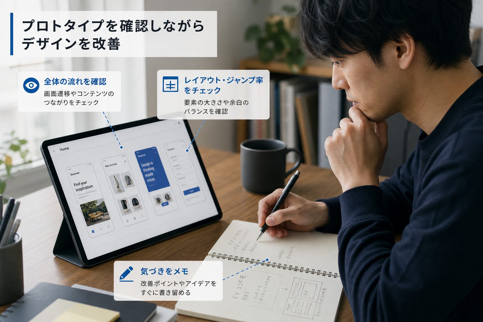 タブレットでデザインのプロトタイプを確認しながらメモを取る男性デザイナーの真剣な表情