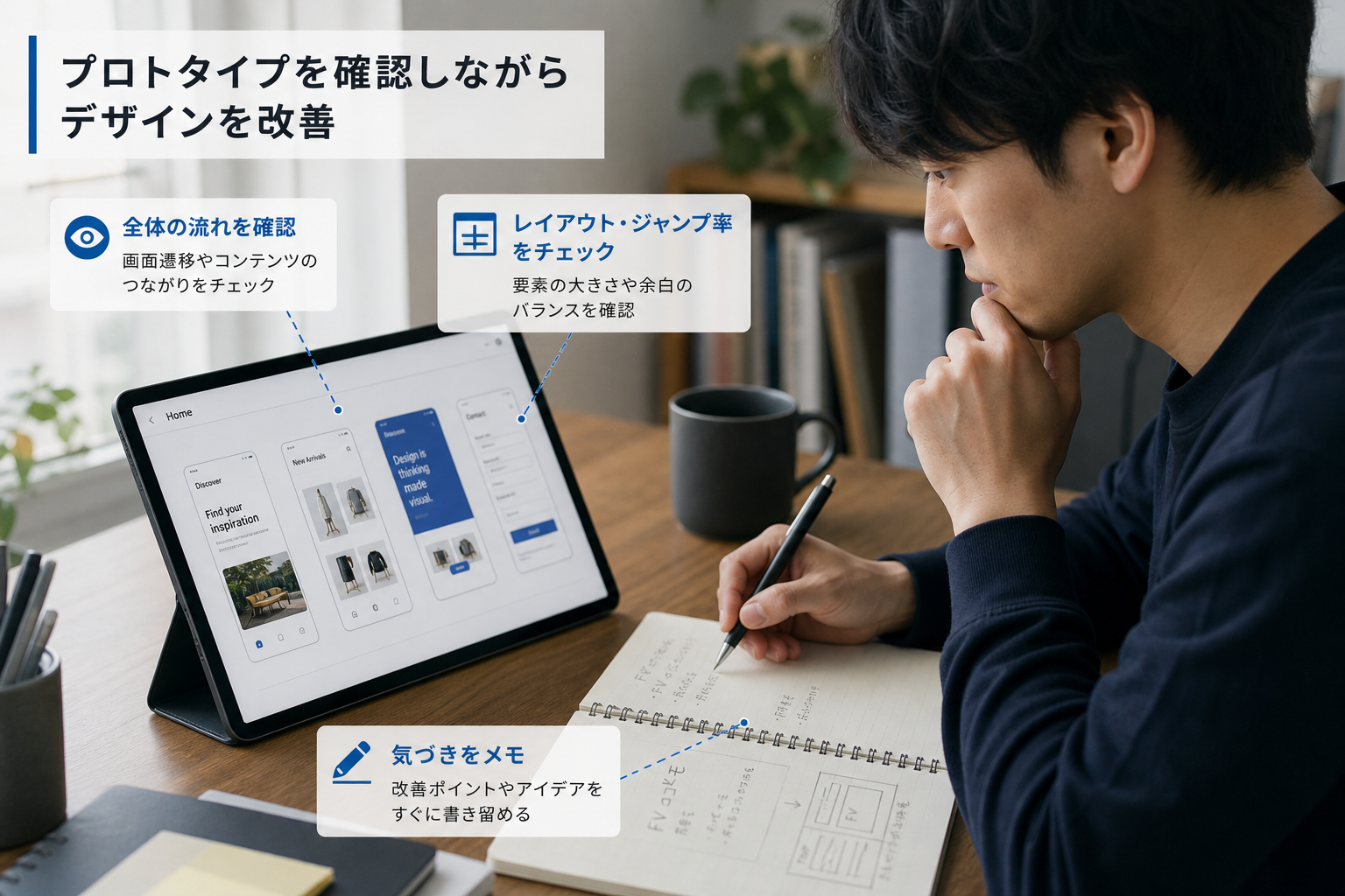 タブレットでデザインのプロトタイプを確認しながらメモを取る男性デザイナーの真剣な表情