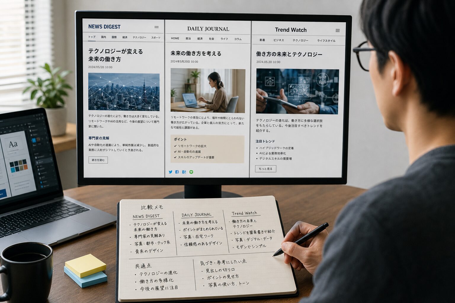 モニターに表示された複数のニュースサイトを見比べながらメモを取るWebデザイナーの作業風景