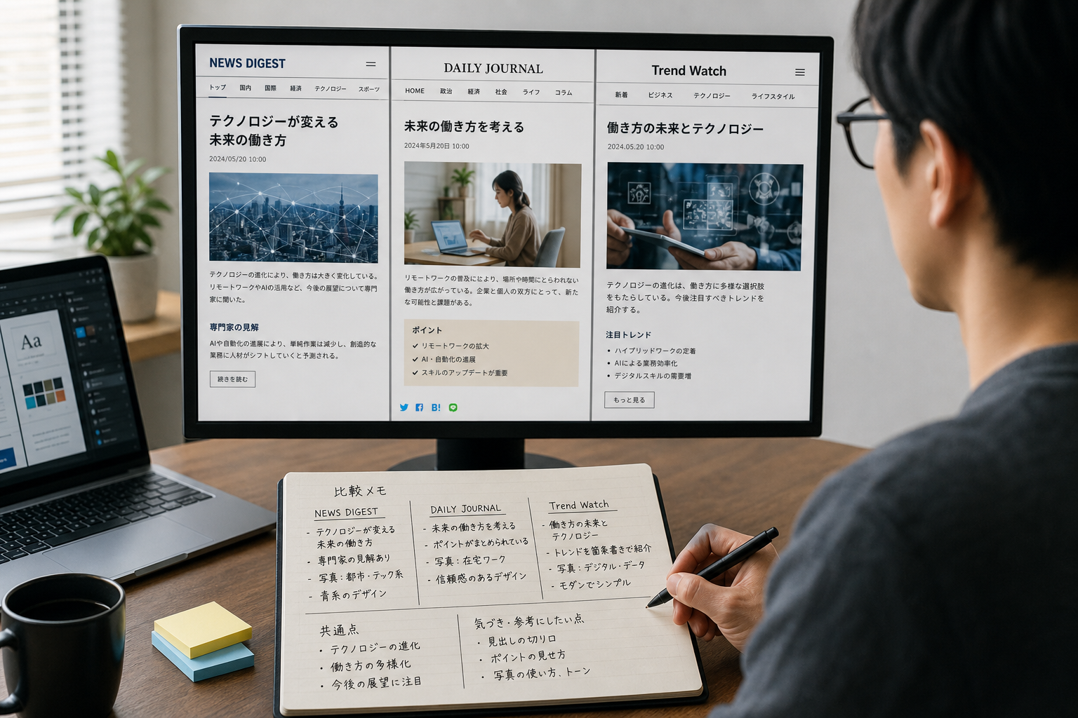 モニターに表示された複数のニュースサイトを見比べながらメモを取るWebデザイナーの作業風景