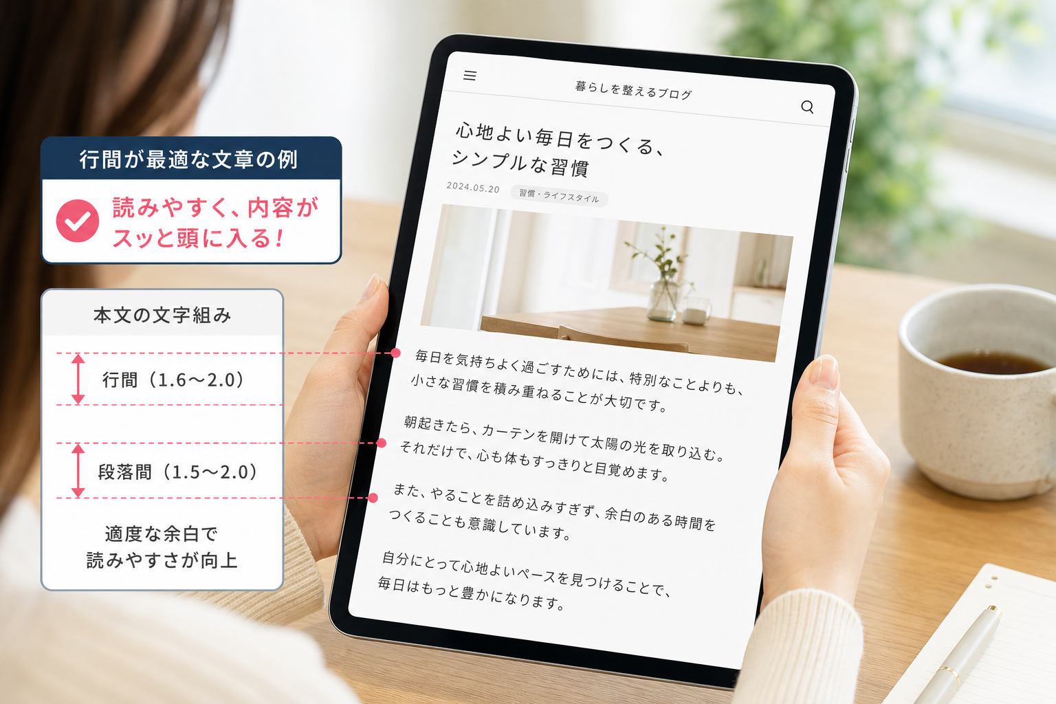 タブレットでブログ記事を読んでいる女性の手元と画面の文字組み