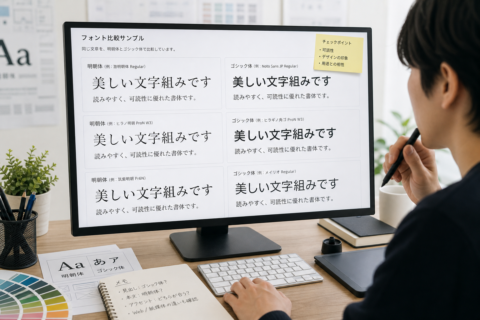 デザイナーがパソコンの画面でフォントを選定している様子、複数のフォントサンプルが並ぶ作業風景