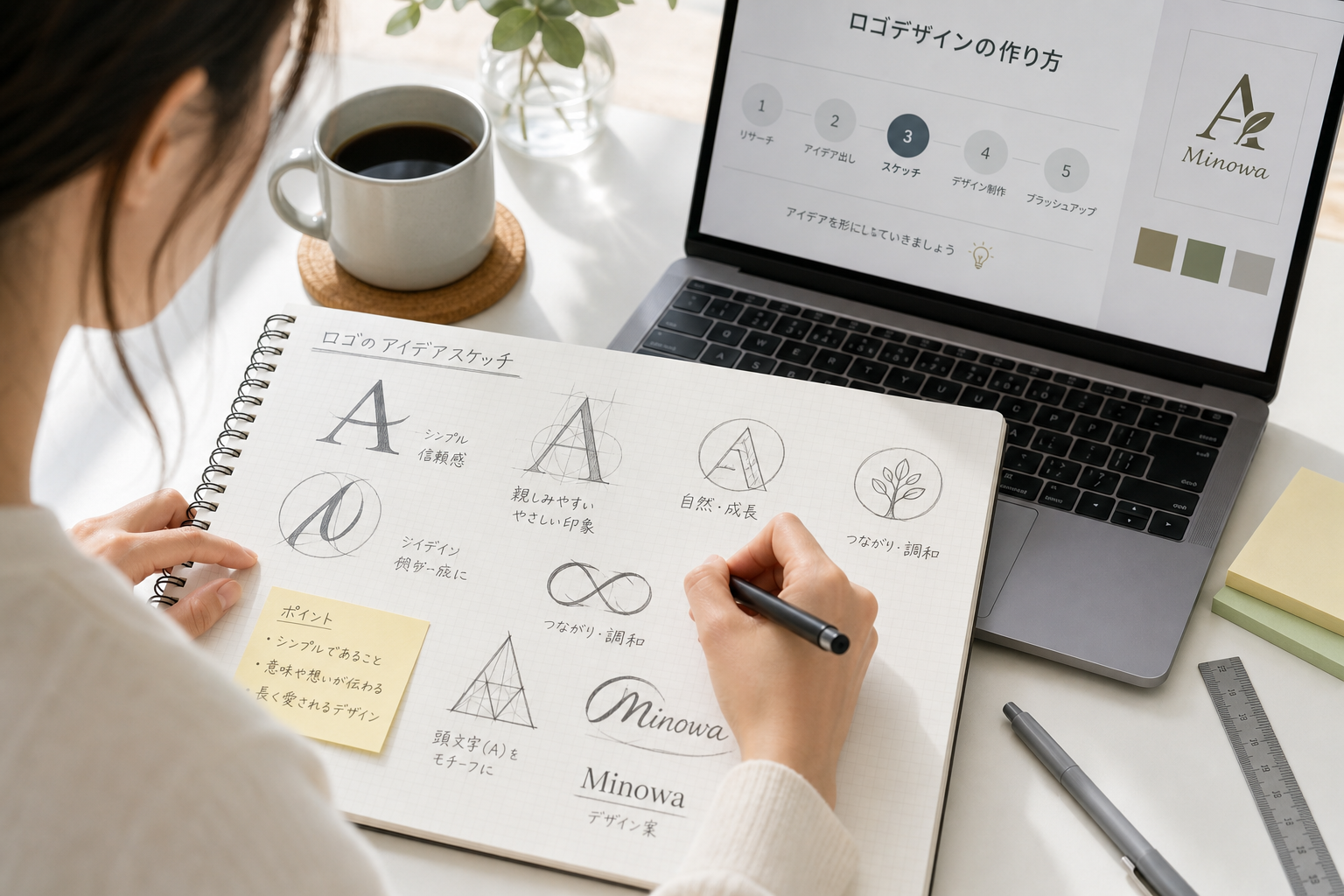 ノートにロゴのアイデアスケッチを描き込む女性デザイナーの手元、コーヒーカップとMacBookが置かれた明るいデスク