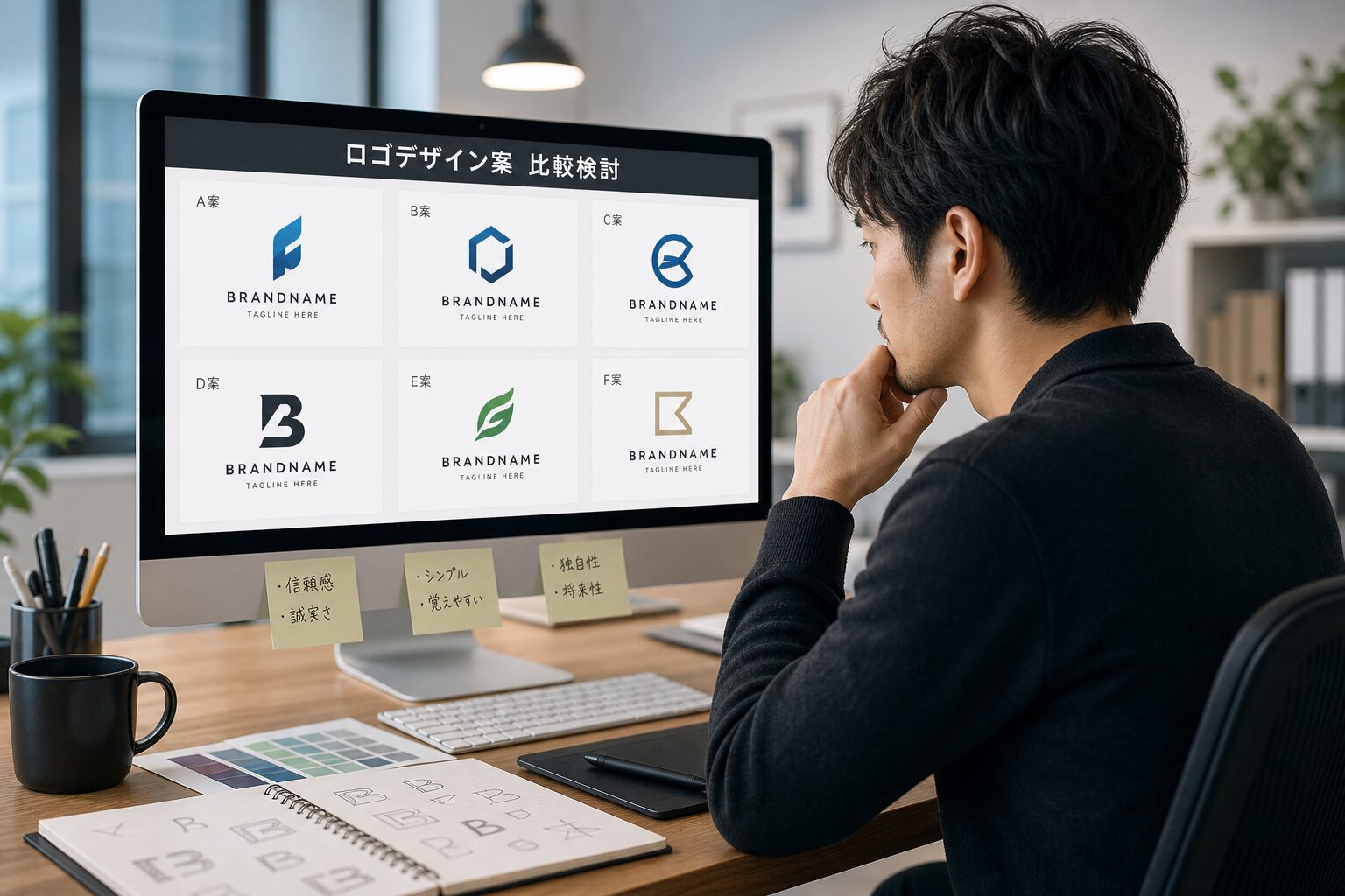 パソコン画面に表示された複数のロゴデザイン案を真剣に比較検討している30代男性デザイナー、モダンなオフィス