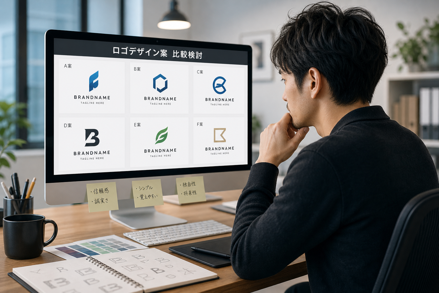 パソコン画面に表示された複数のロゴデザイン案を真剣に比較検討している30代男性デザイナー、モダンなオフィス