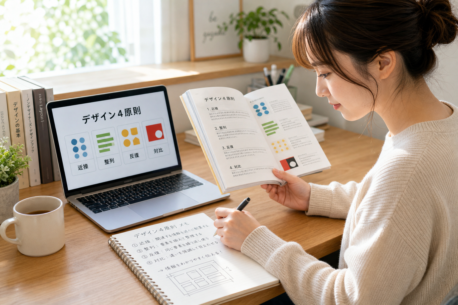 デスクの上でノートPCを開きデザイン書籍を読みながらメモを取る20代女性、明るい自然光が差し込む雰囲気