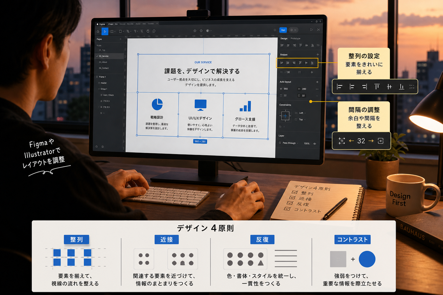 大型モニターに表示されたFigmaやIllustratorの画面で要素を整列させているデザイナーの手元、夕方のオフィスの落ち着いた雰囲気