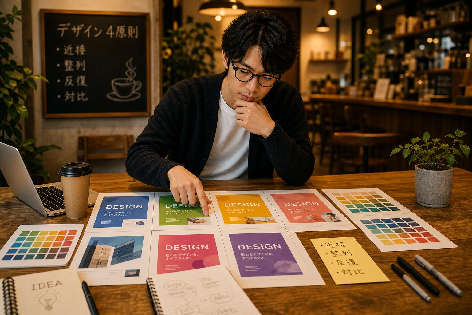 カフェのテーブルでカラフルなデザインサンプルを並べて見比べている男性デザイナー、温かみのある照明