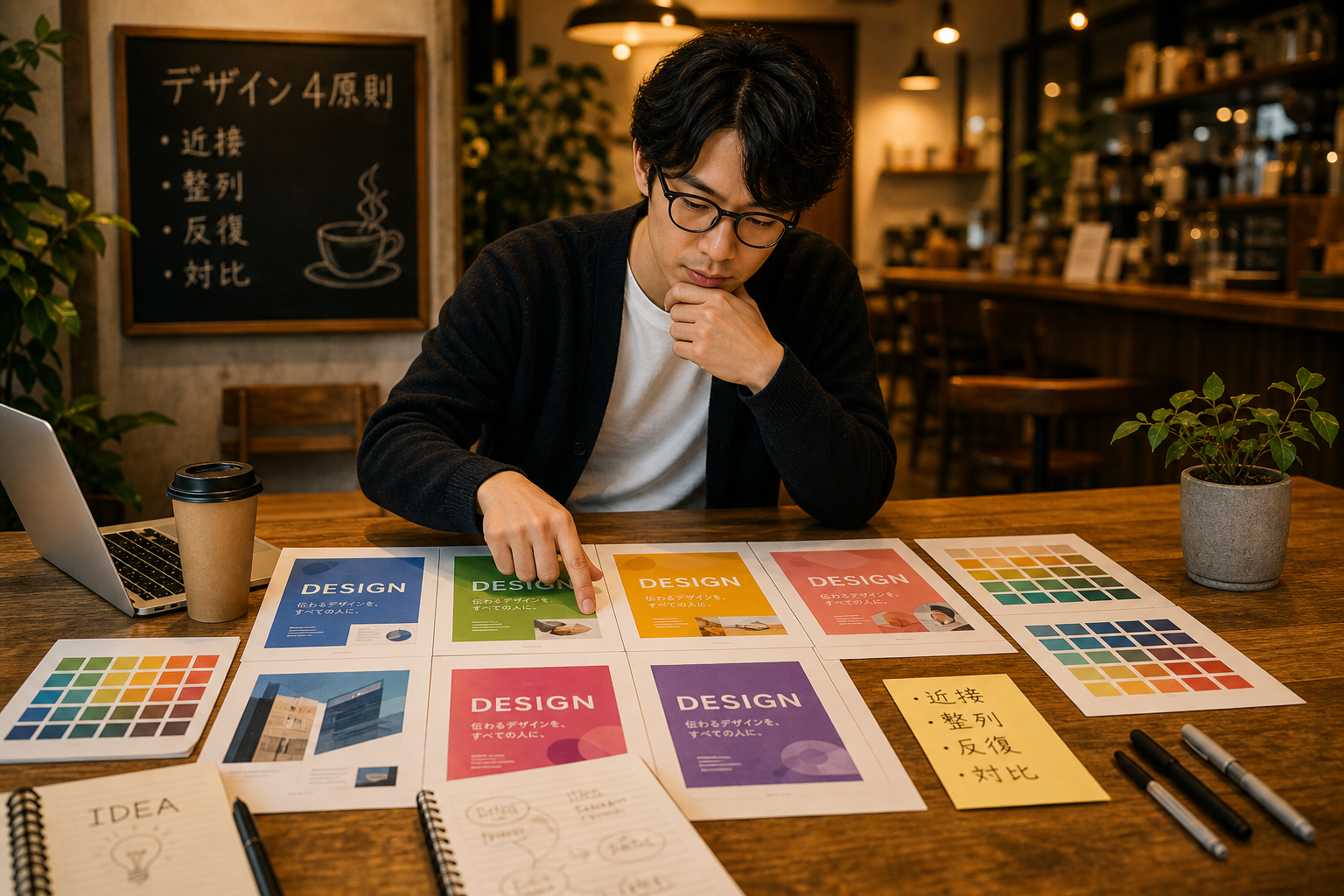 カフェのテーブルでカラフルなデザインサンプルを並べて見比べている男性デザイナー、温かみのある照明