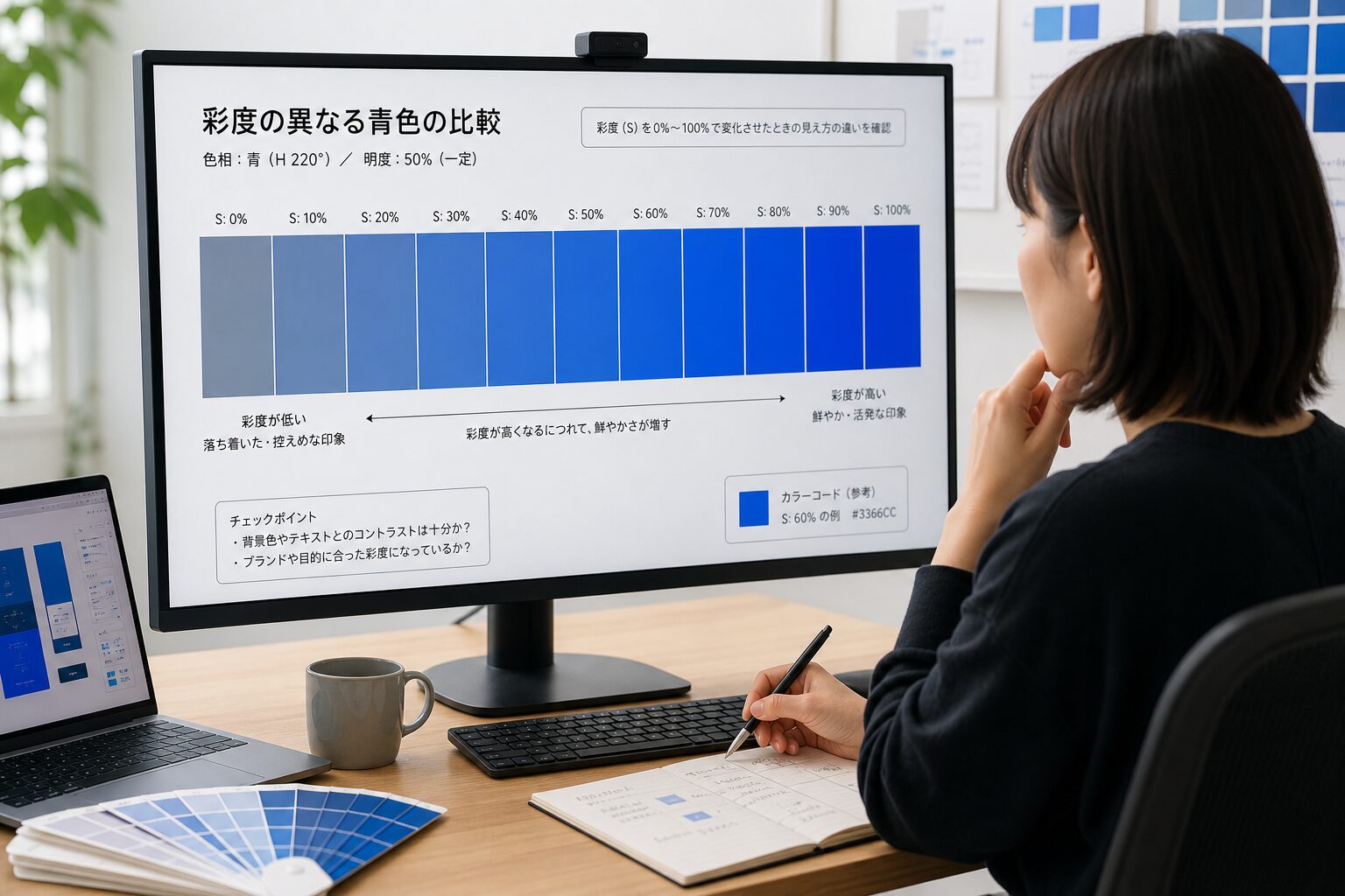 彩度の異なる青色グラデーションを大型モニターで比較検証するUIデザイナー