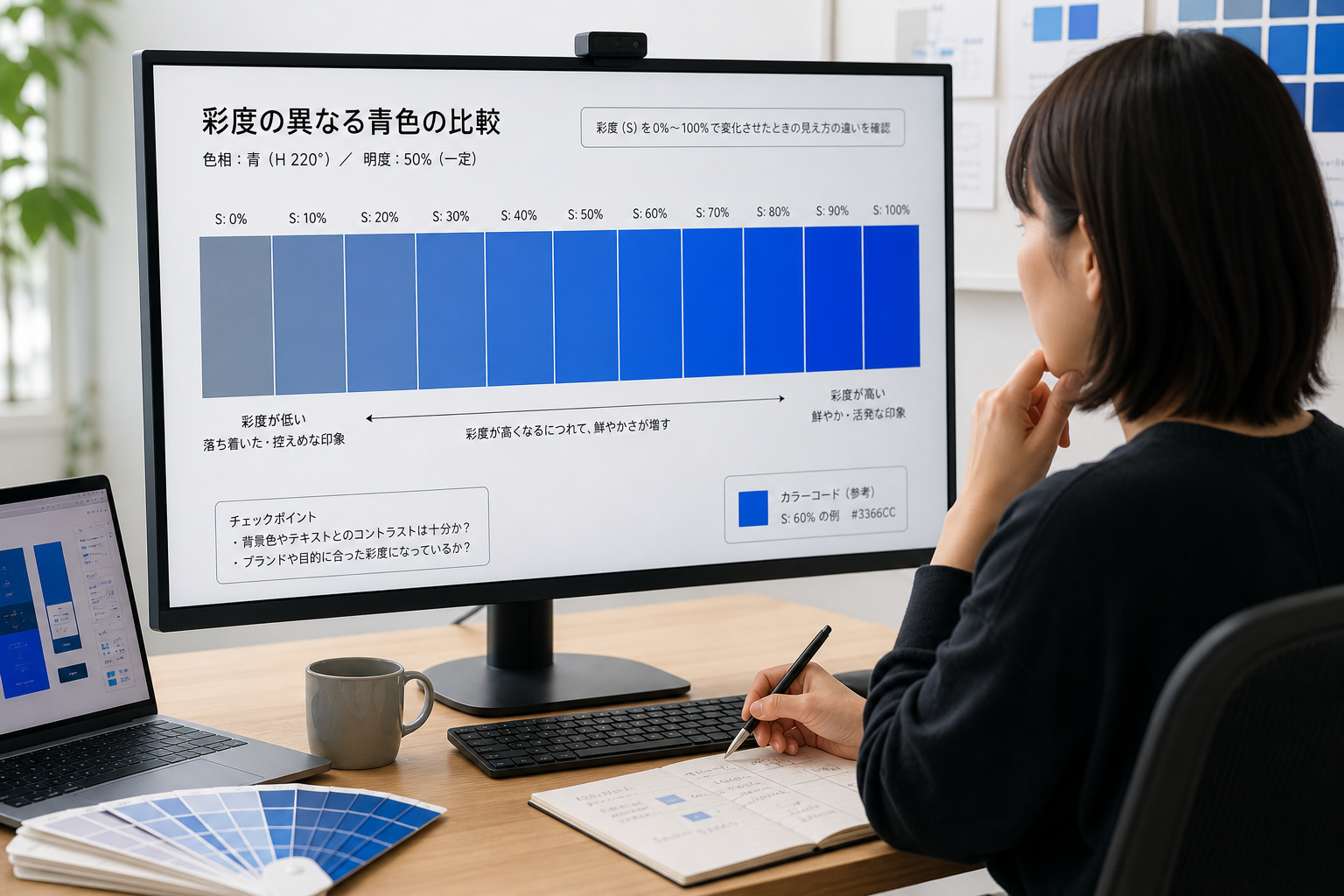 彩度の異なる青色グラデーションを大型モニターで比較検証するUIデザイナー