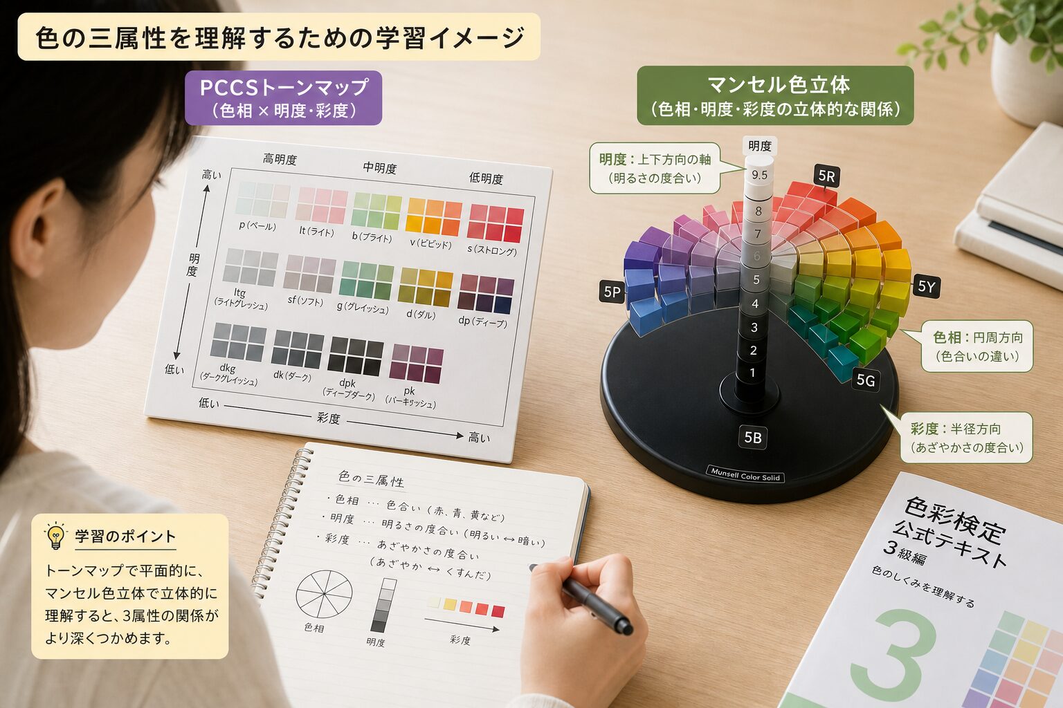 PCCSトーンマップとマンセル色立体の教材を並べて学習する色彩検定受験生