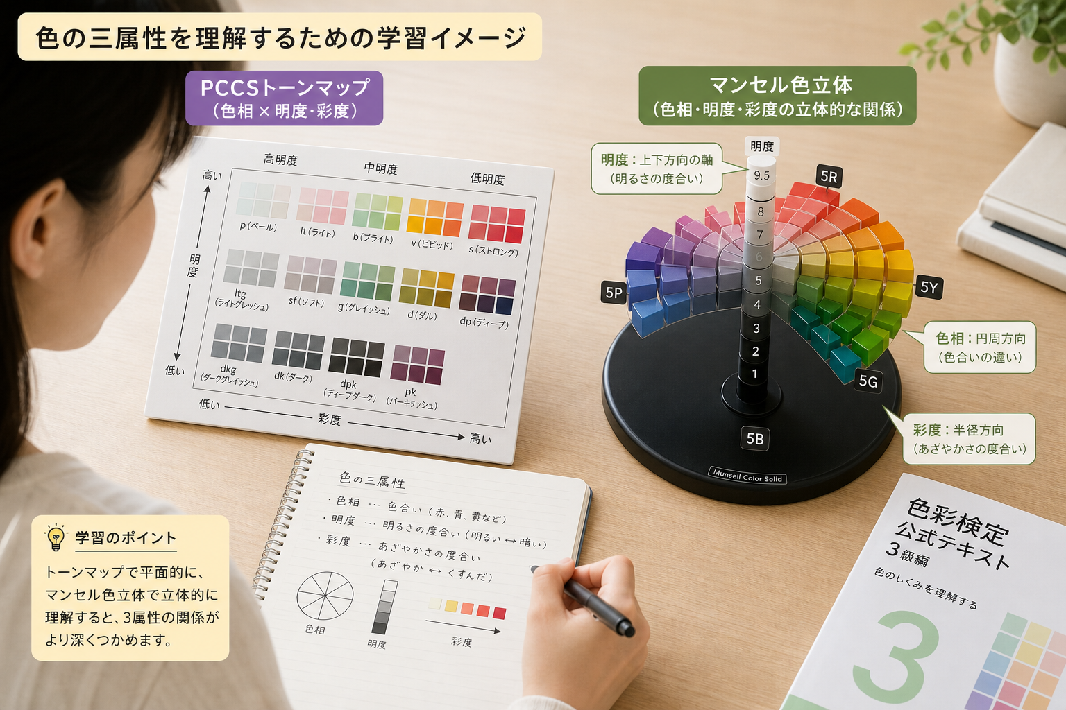 PCCSトーンマップとマンセル色立体の教材を並べて学習する色彩検定受験生