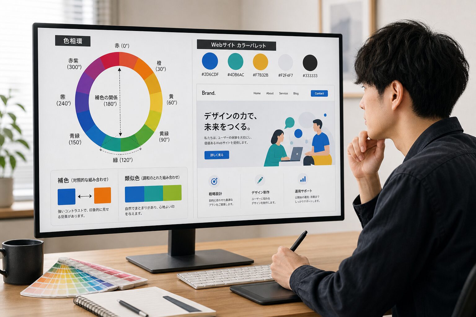 大型モニターに色相環とWebサイトのカラーパレットを表示しながら作業する若いデザイナー