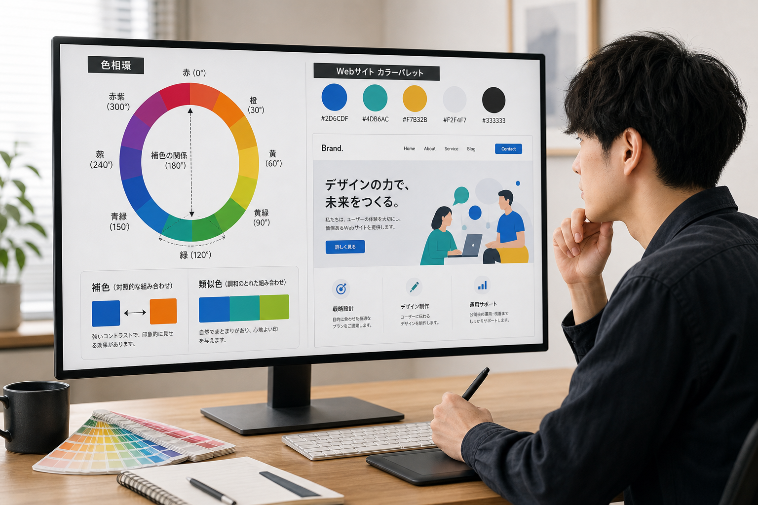 大型モニターに色相環とWebサイトのカラーパレットを表示しながら作業する若いデザイナー
