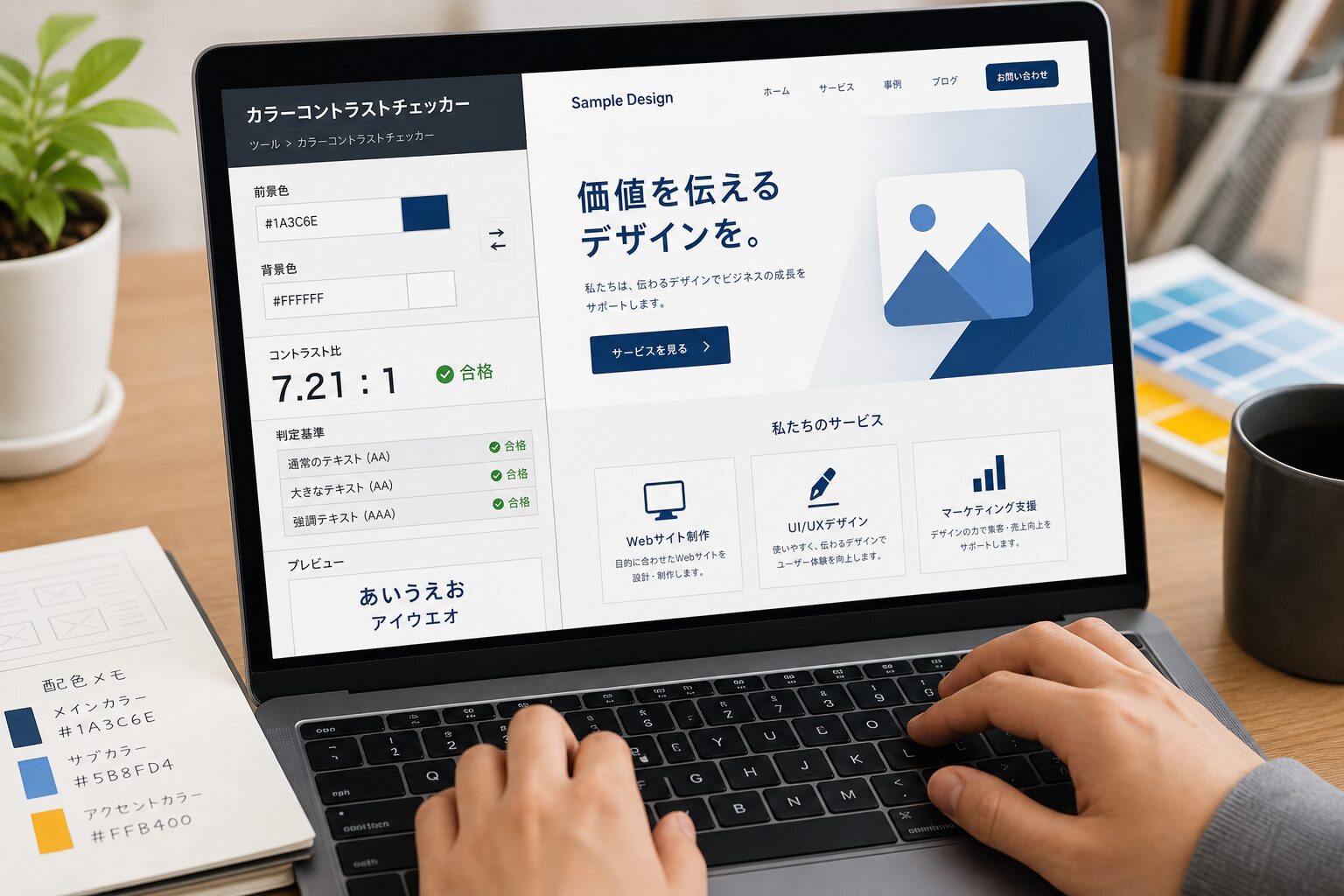 パソコン画面上でカラーコントラストチェッカーツールを使ってWebサイトの配色を検証しているデザイナーの手元アップ