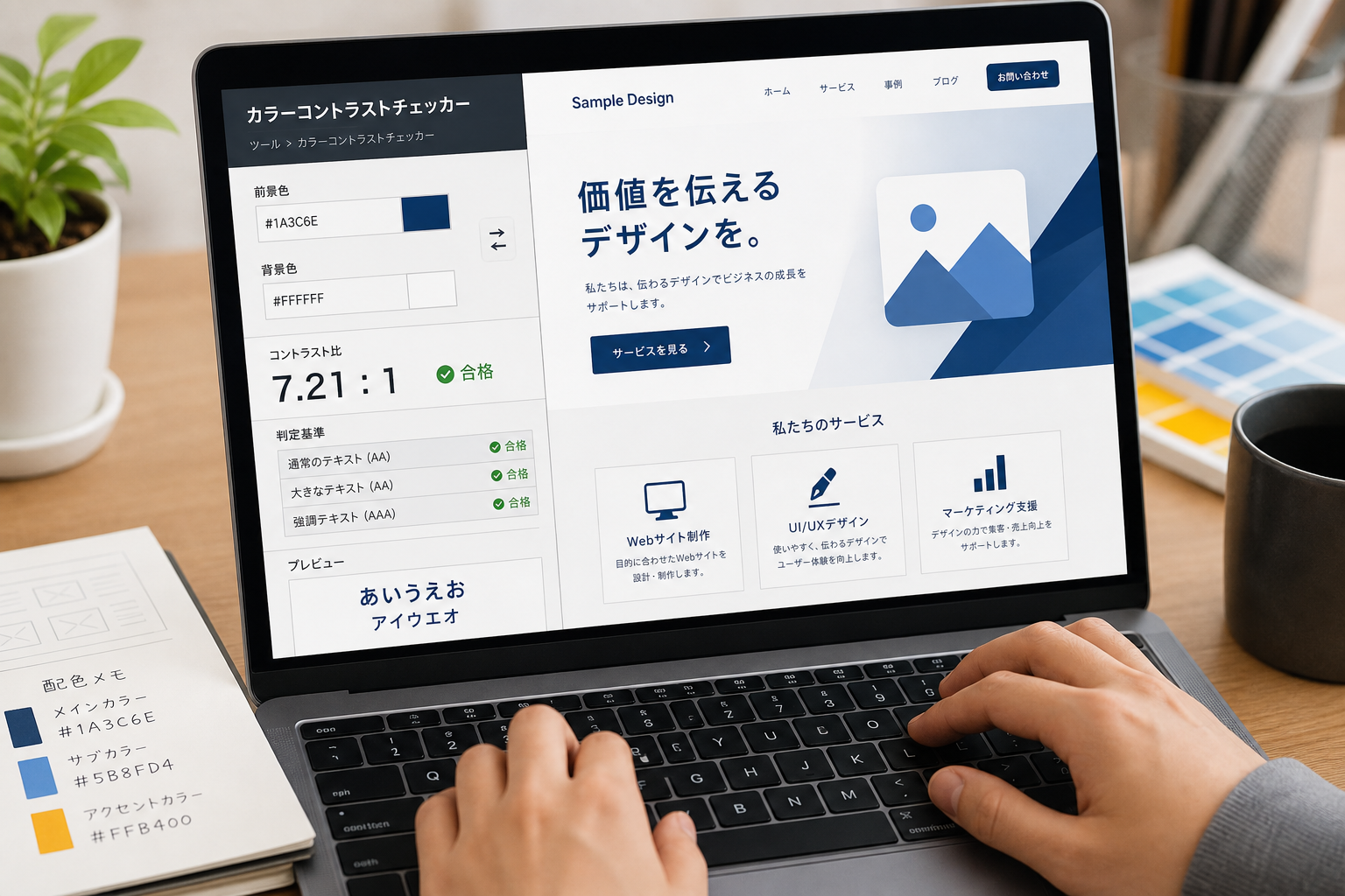 パソコン画面上でカラーコントラストチェッカーツールを使ってWebサイトの配色を検証しているデザイナーの手元アップ