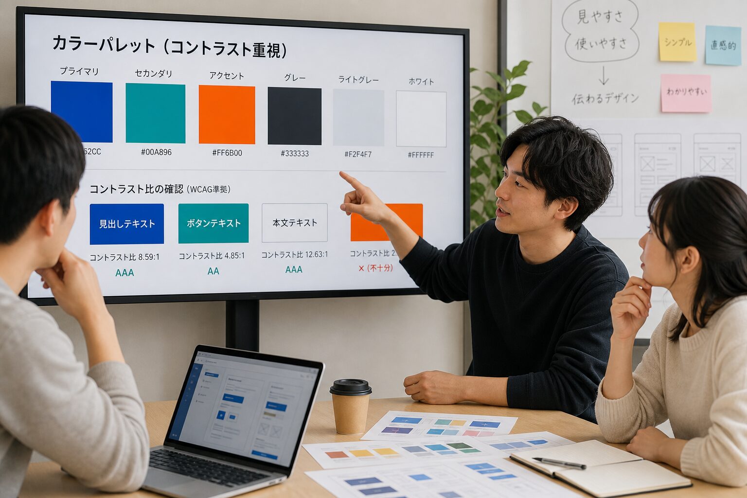 大型モニターに表示されたカラーパレットを指差しながらチームメンバーと配色について議論する若いUIデザイナー