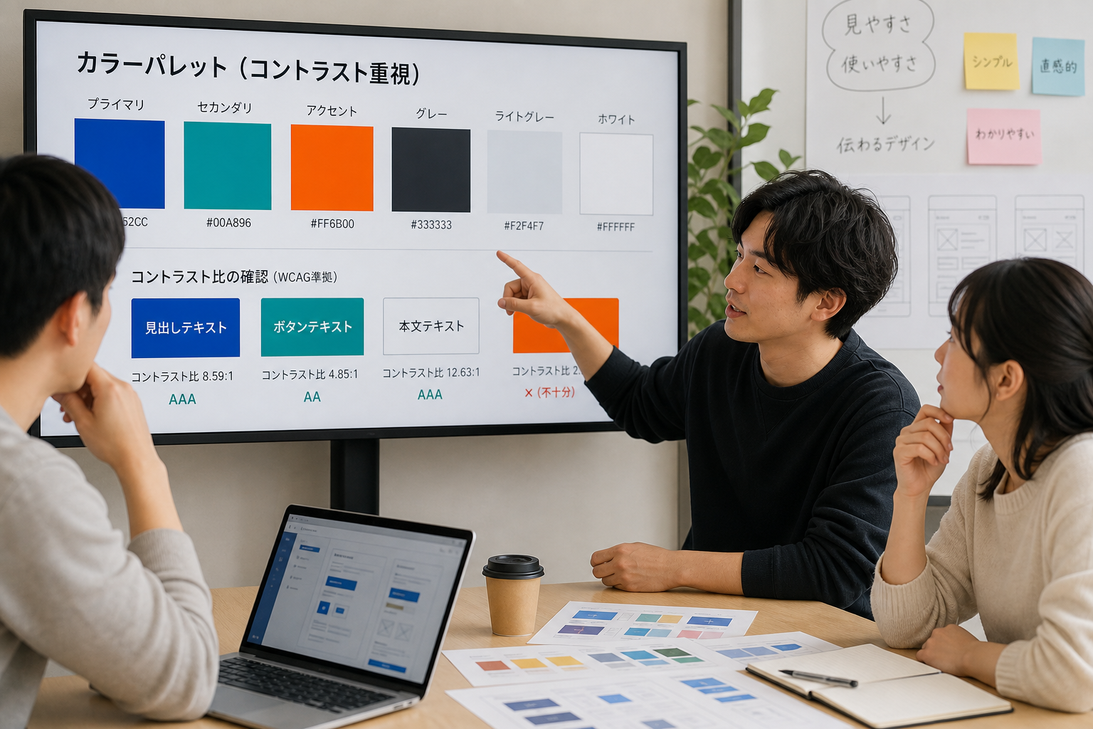 大型モニターに表示されたカラーパレットを指差しながらチームメンバーと配色について議論する若いUIデザイナー