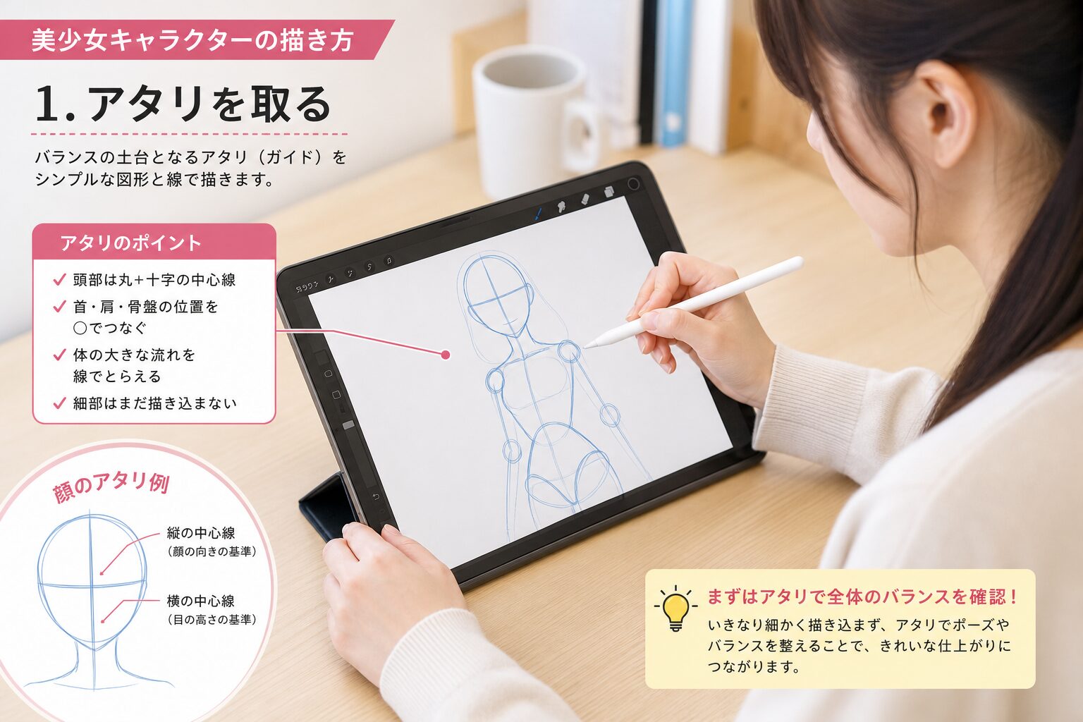 デジタルタブレットでアタリ線を引きながら美少女キャラクターを描き始める若い女性イラストレーターの手元