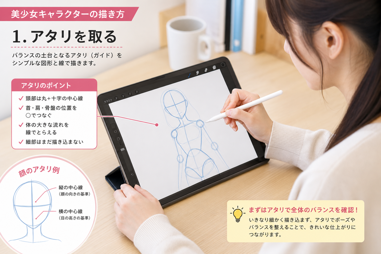 デジタルタブレットでアタリ線を引きながら美少女キャラクターを描き始める若い女性イラストレーターの手元