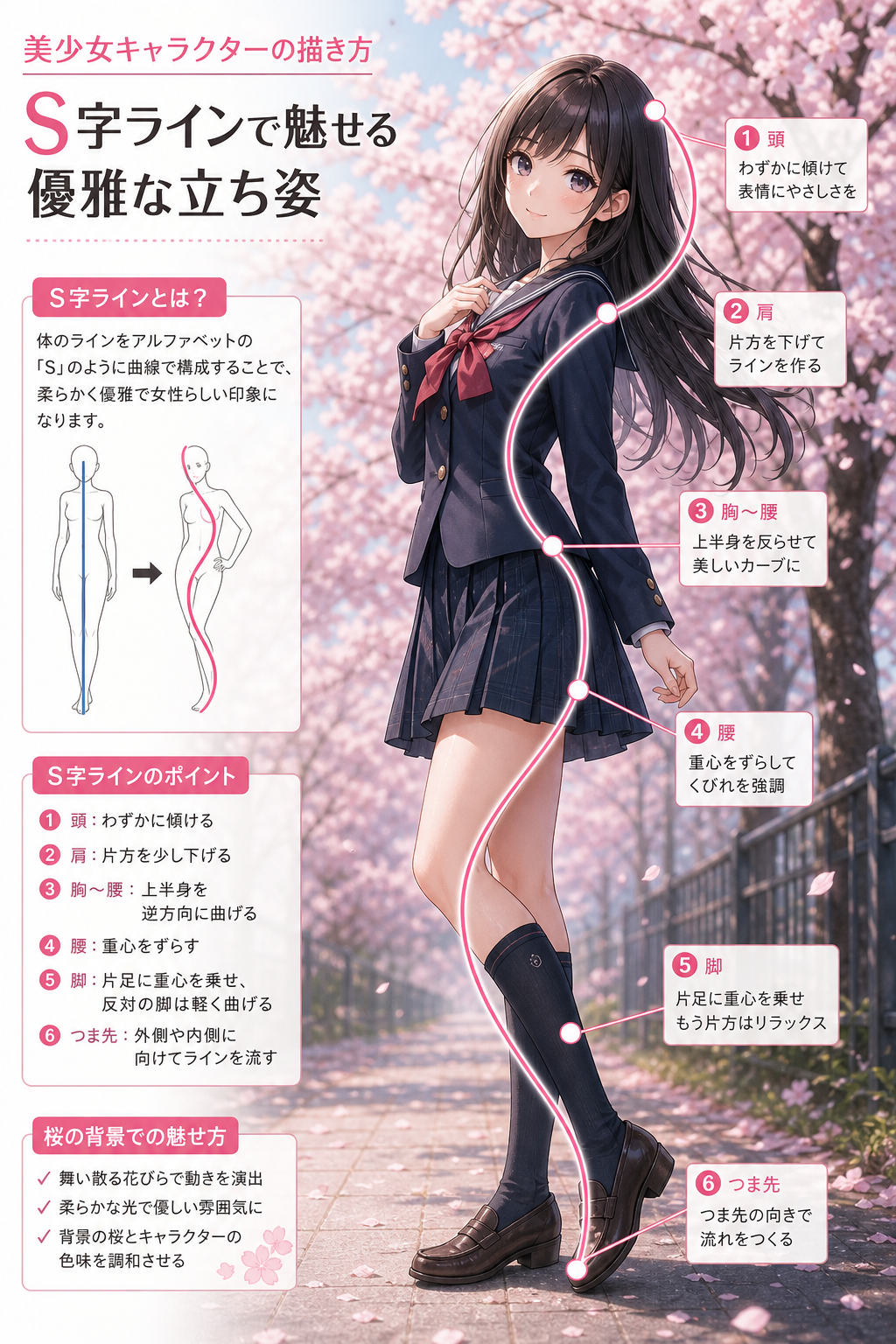 制服を着た美少女キャラクターの全身立ち絵、S字ラインの優雅なポーズで桜の背景にたたずむシーン