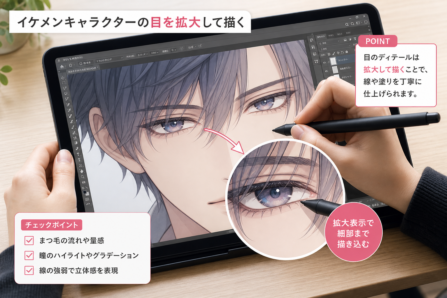 デジタルタブレットでイケメンキャラクターの目を拡大して描いているイラストレーターの手元