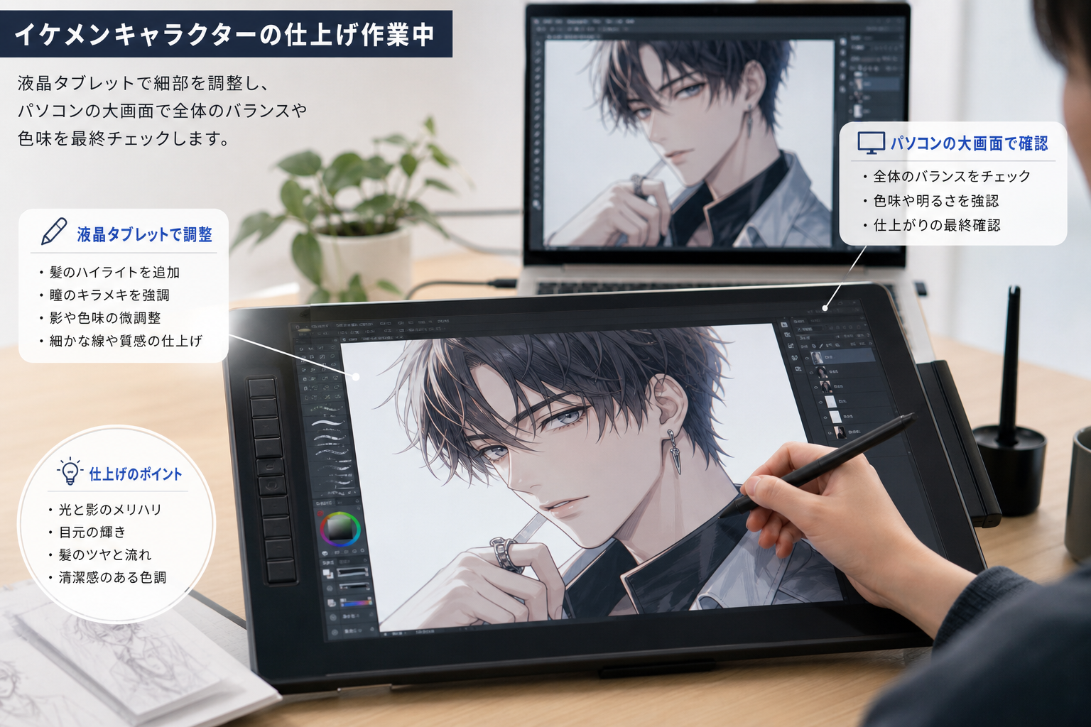液晶タブレットとパソコンで完成間近のイケメンキャラクターイラストを仕上げる作業風景