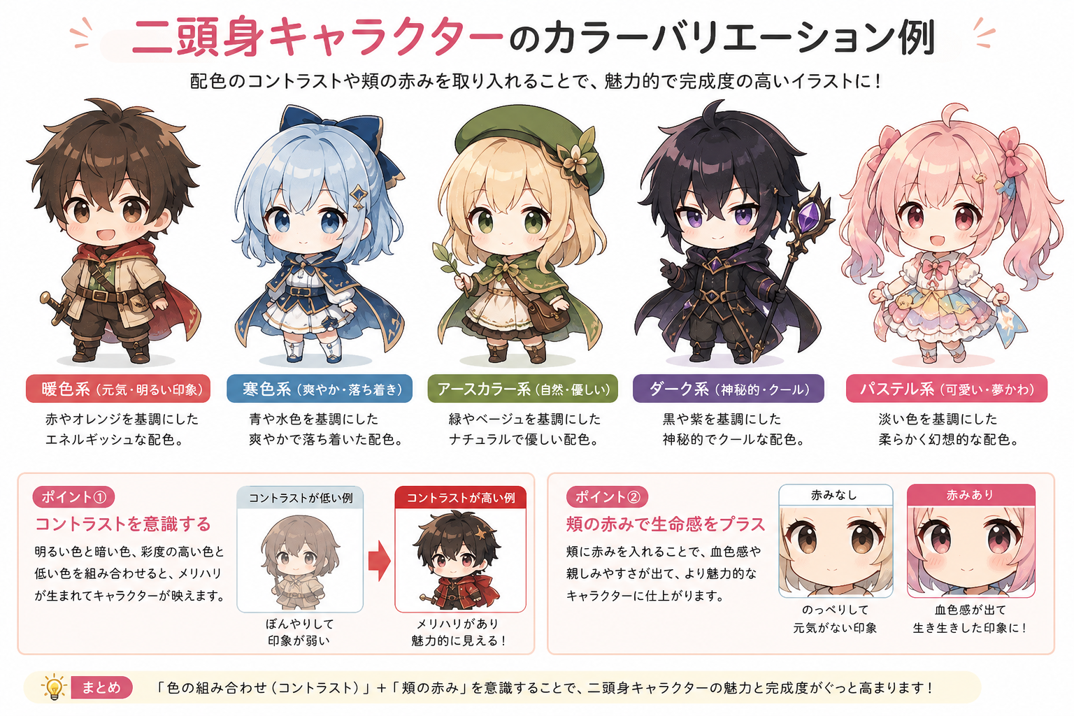 二頭身キャラクターのカラーバリエーション例、配色のコントラストや頬の赤みを取り入れた完成度の高いイラスト