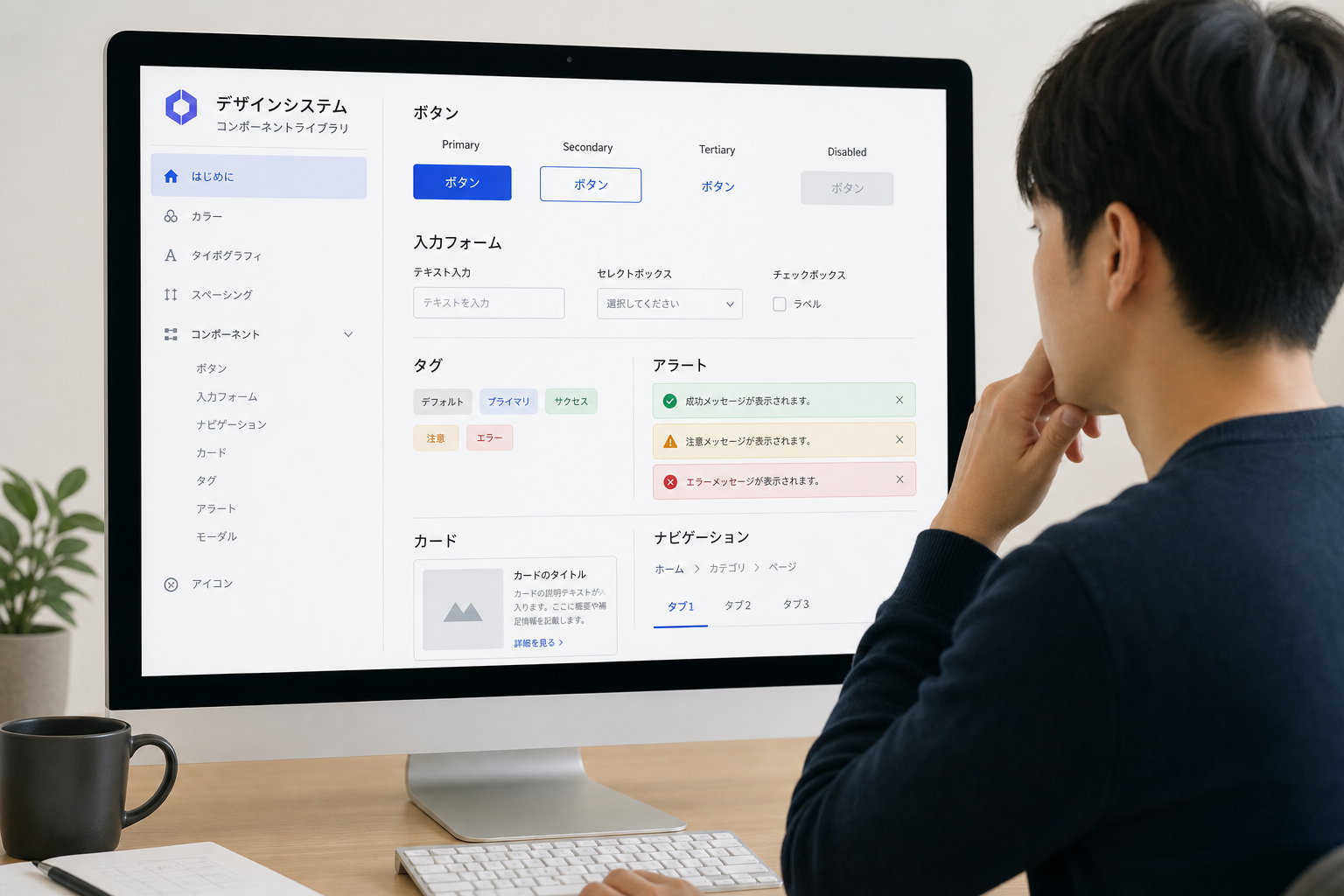 モニターに表示されたデザインシステムのコンポーネントライブラリを確認する男性