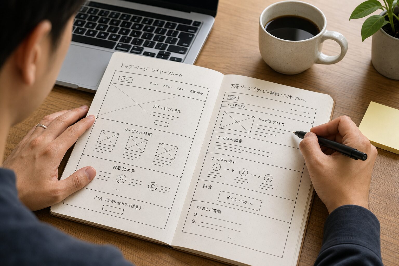ノートに手書きでサイトのワイヤーフレームをスケッチする30代のWebデザイナーの手元、机にはノートパソコンとコーヒーカップ