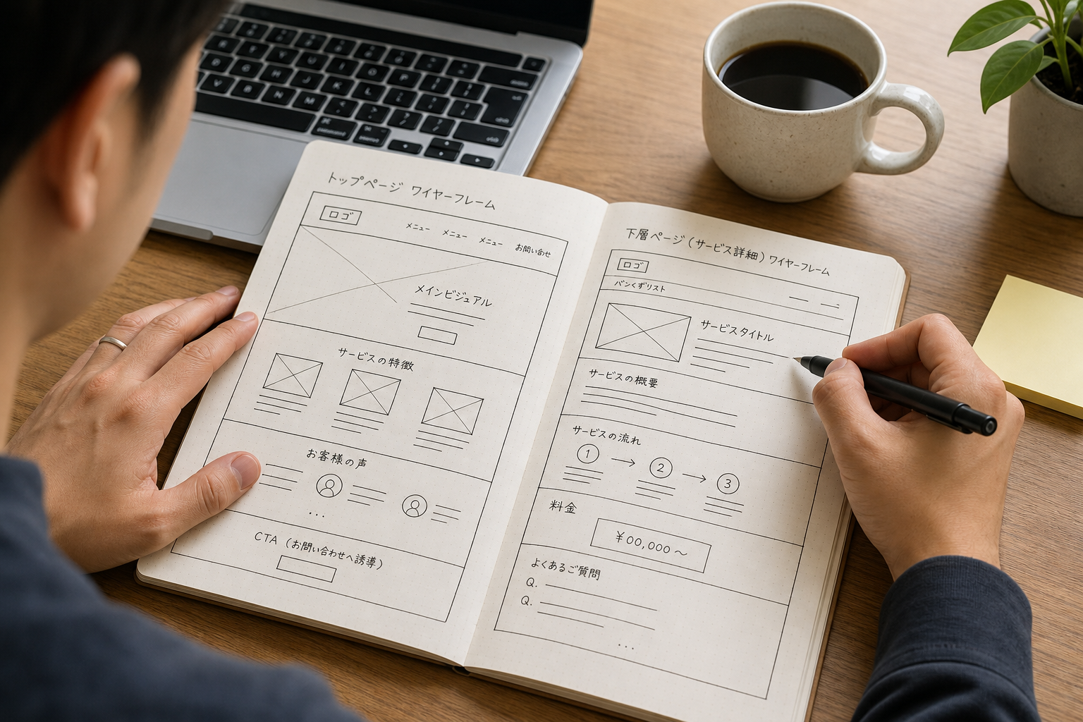 ノートに手書きでサイトのワイヤーフレームをスケッチする30代のWebデザイナーの手元、机にはノートパソコンとコーヒーカップ