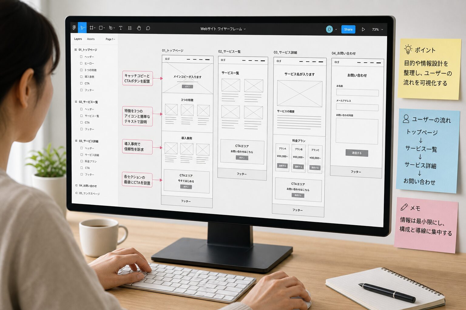 モニター上でFigmaを使いワイヤーフレームを作成しているデザイナー、画面には複数の四角形と注釈が並ぶ低忠実度ワイヤーフレーム