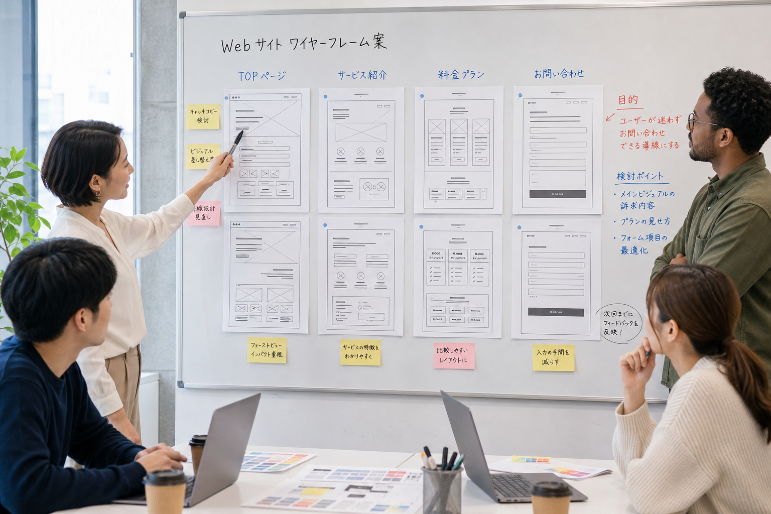 会議室でホワイトボードに貼られたワイヤーフレーム案を指差しながらディスカッションする多様なメンバーで構成されたデザインチーム