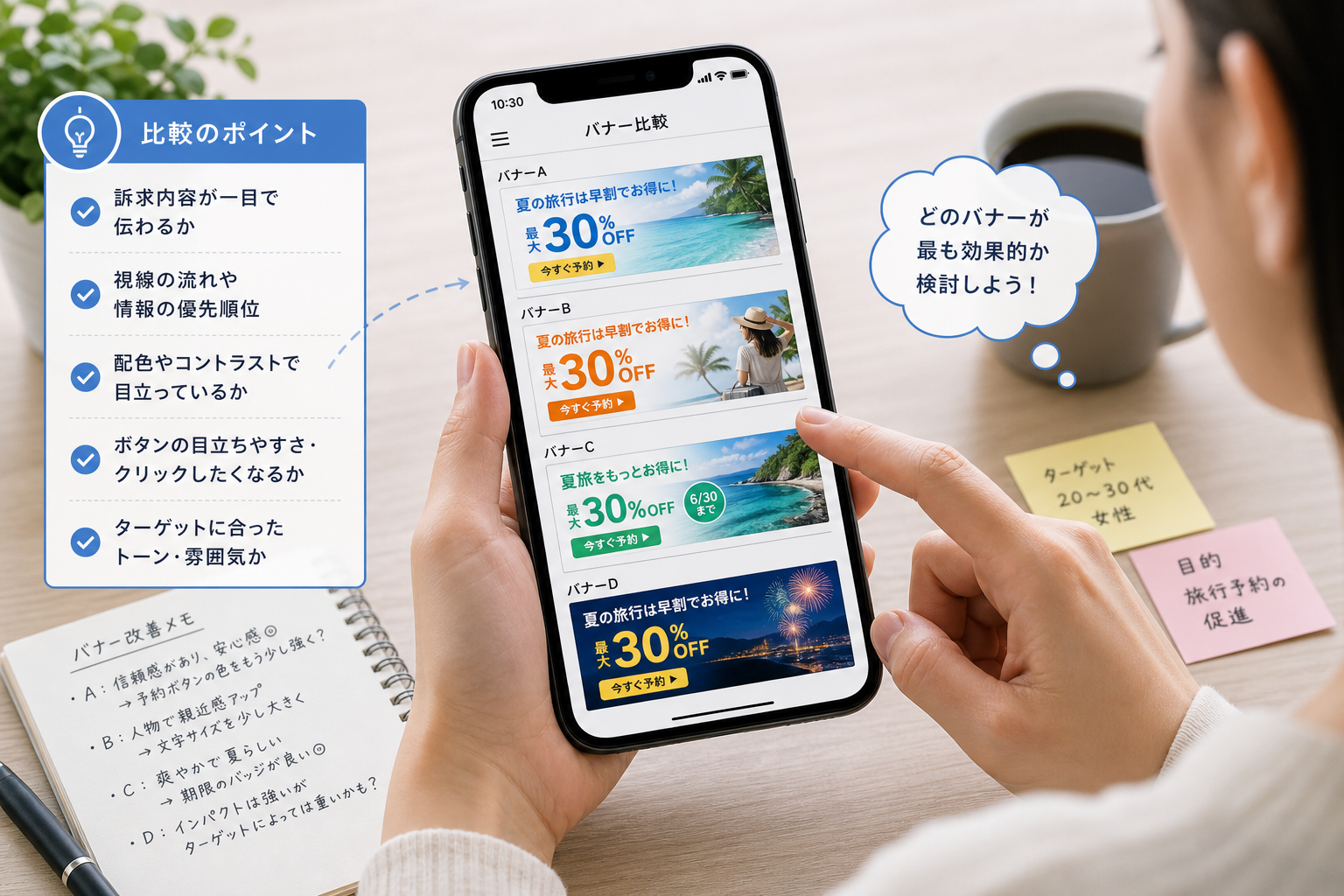 スマートフォン画面に表示された複数のバナー広告を比較するマーケティング担当者
