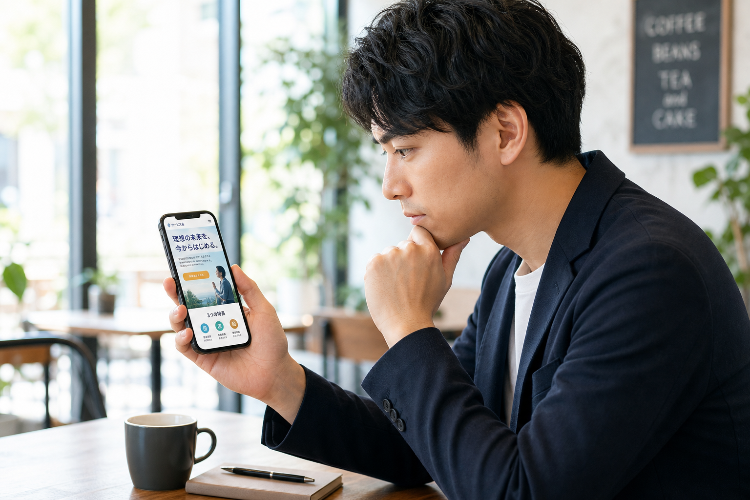 スマートフォンを片手に持ちながら画面のランディングページをじっと見つめる30代のビジネスパーソン、明るい自然光のカフェ