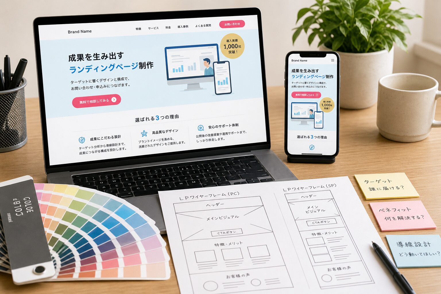 パソコンとスマートフォンに同時にランディングページが表示されたデスク周り、配色サンプルや手書きのワイヤーフレームが机に並ぶ