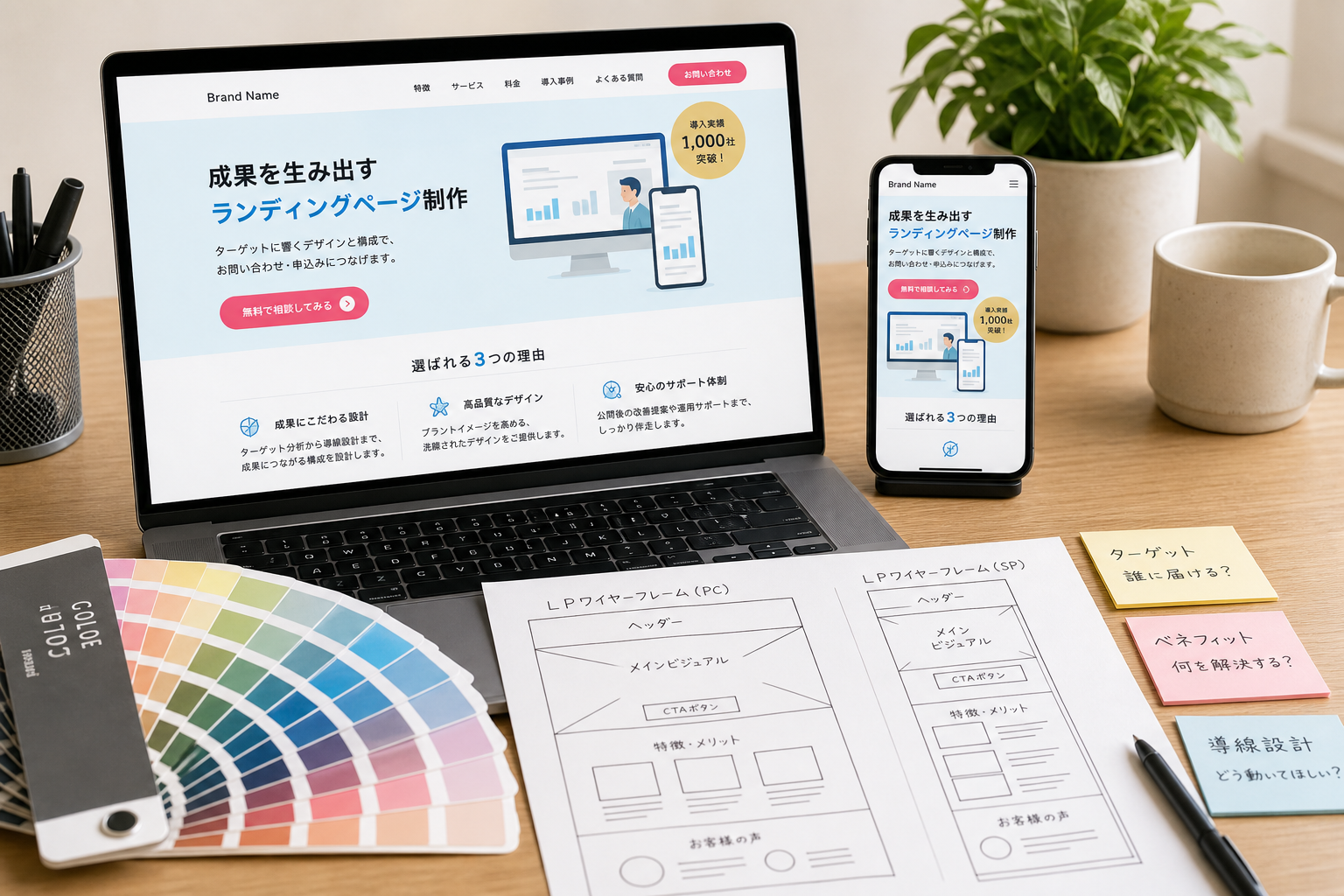 パソコンとスマートフォンに同時にランディングページが表示されたデスク周り、配色サンプルや手書きのワイヤーフレームが机に並ぶ