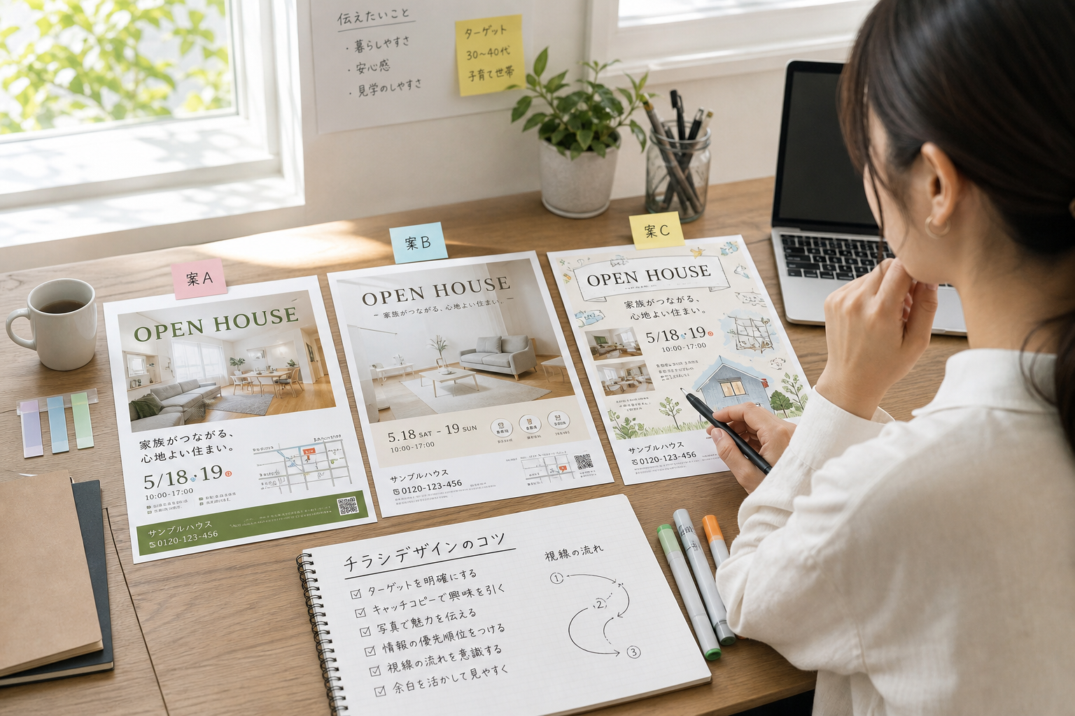 デザイナーが机の上で複数のチラシ案を並べて検討している様子、自然光の入る明るい作業スペース