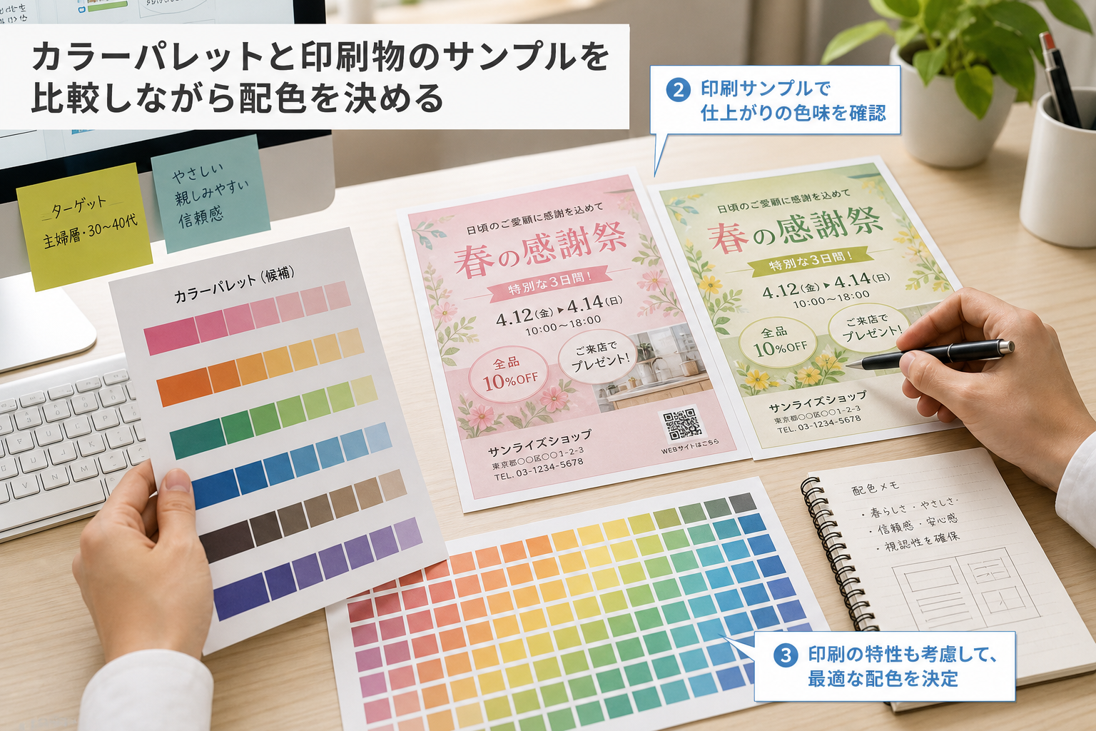 カラーパレットと印刷物のサンプルを比較しながら配色を決めるグラフィックデザイナーの手元