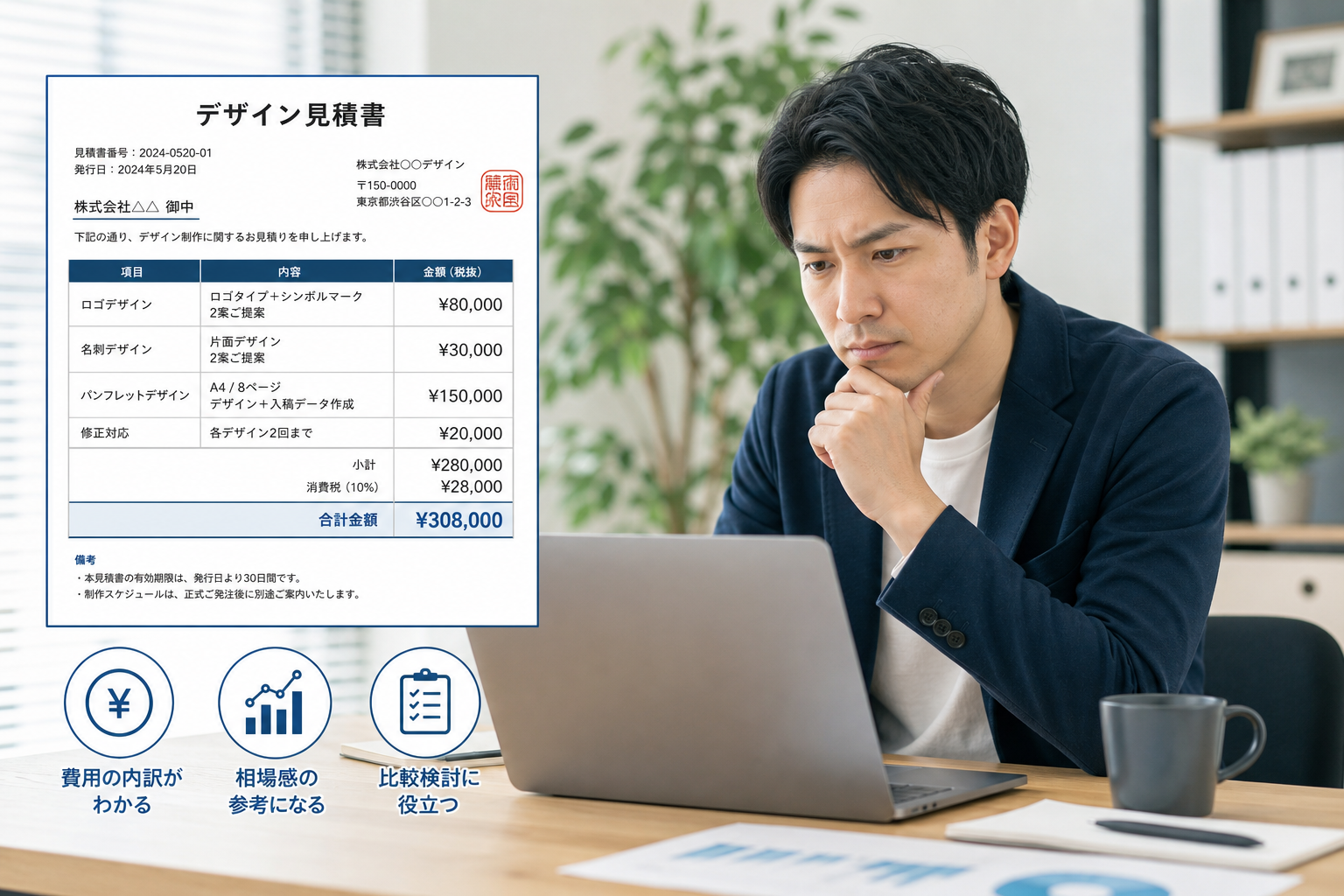 明るいオフィスでノートパソコンを開き、デザインの見積書を真剣に確認する30代のビジネスパーソン