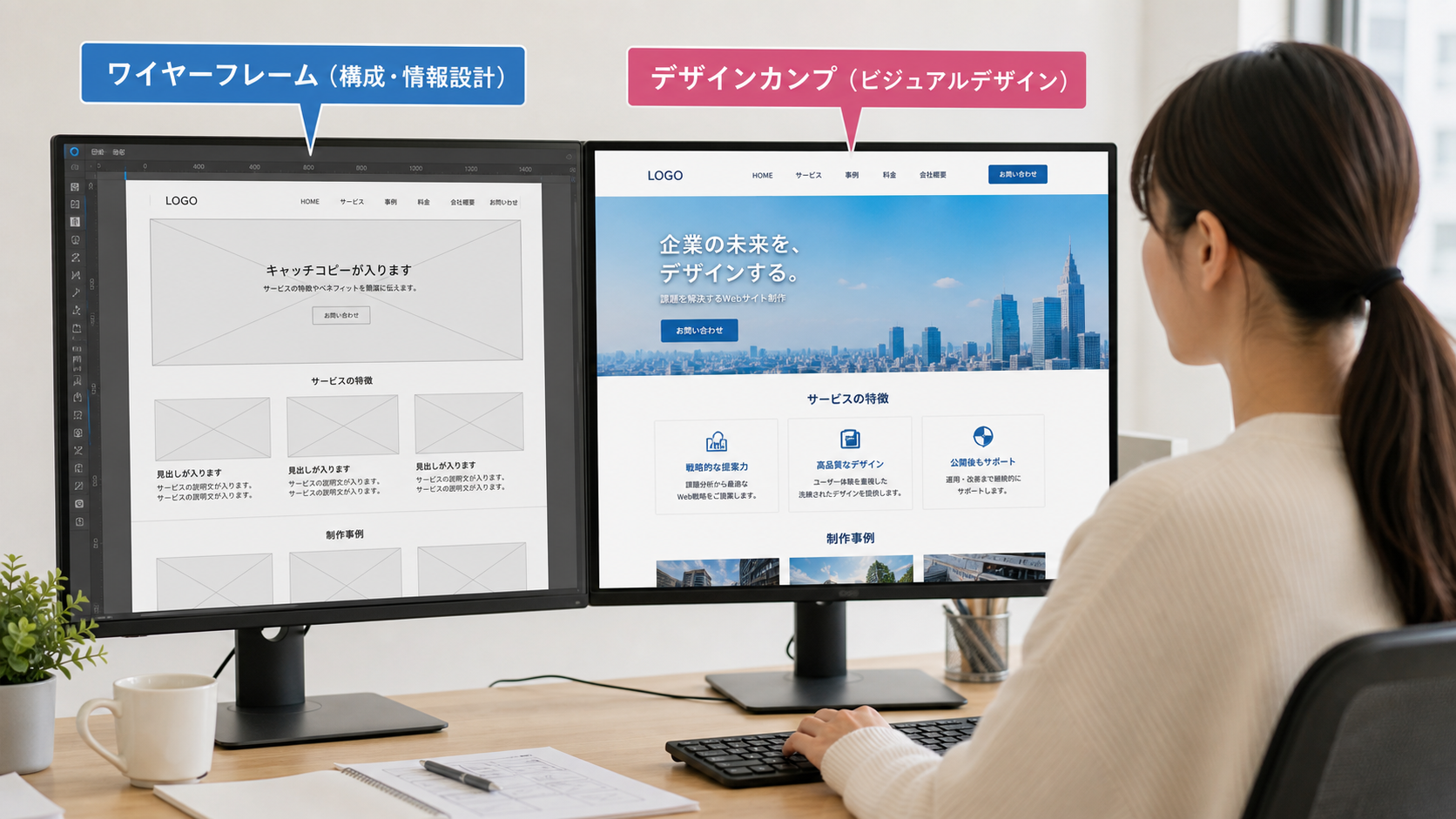 デュアルディスプレイでWebサイトのワイヤーフレームとデザインカンプを同時に確認するWebデザイナーの作業風景
