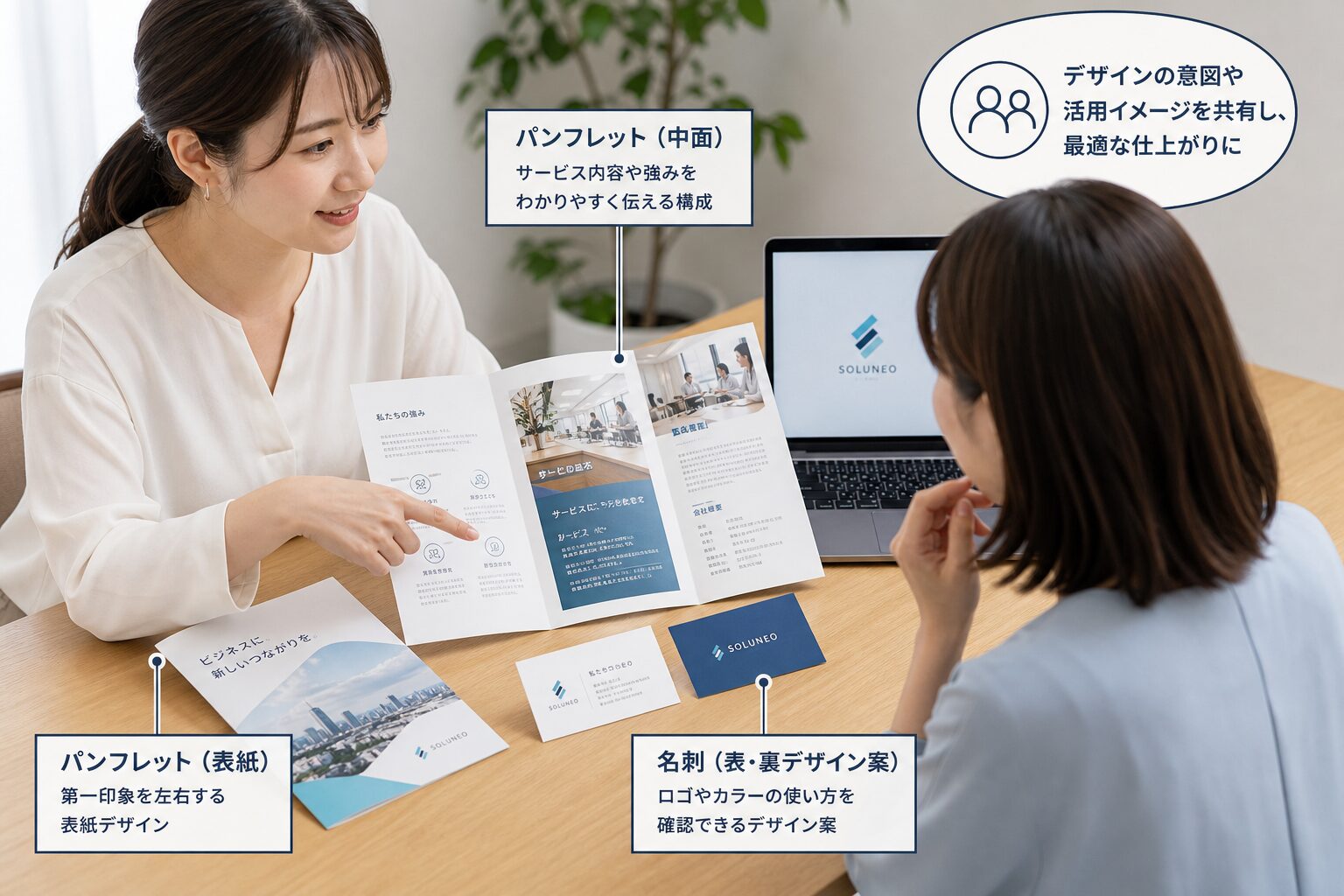 完成したパンフレットや名刺の試作品をテーブルに並べて打ち合わせをする女性デザイナーとクライアント